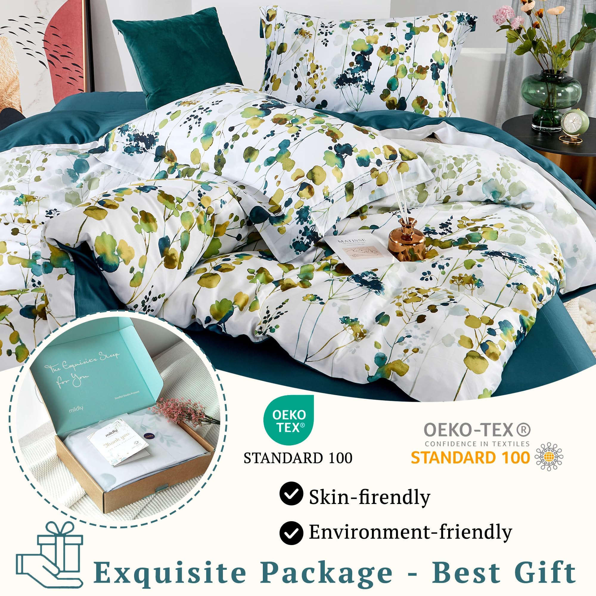 100% Long Staple Cotton Duvet Cover Set - Botanical Leaf Print Comforter Cover in Gradient Yellow Green | Soft & Breathable Bedding for Autumn & Fall Season | Perfect for Master Bedroom, Guest Room & Dorm Decor