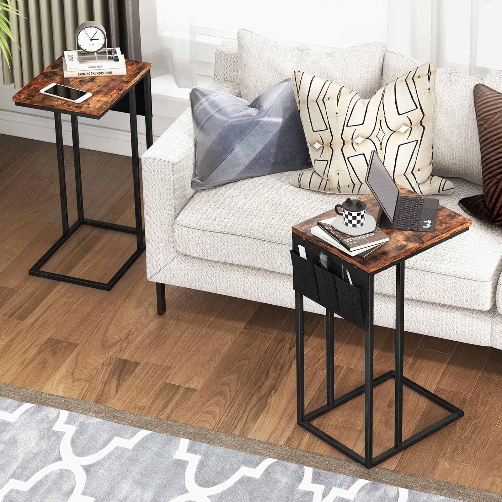 Brown C-Shaped End Table with Storage Bag - Small Side Table for Couch, Sofa, Bedroom & Living Room - Perfect as TV Tray, Bedside Table or Snack Table for Home Decor