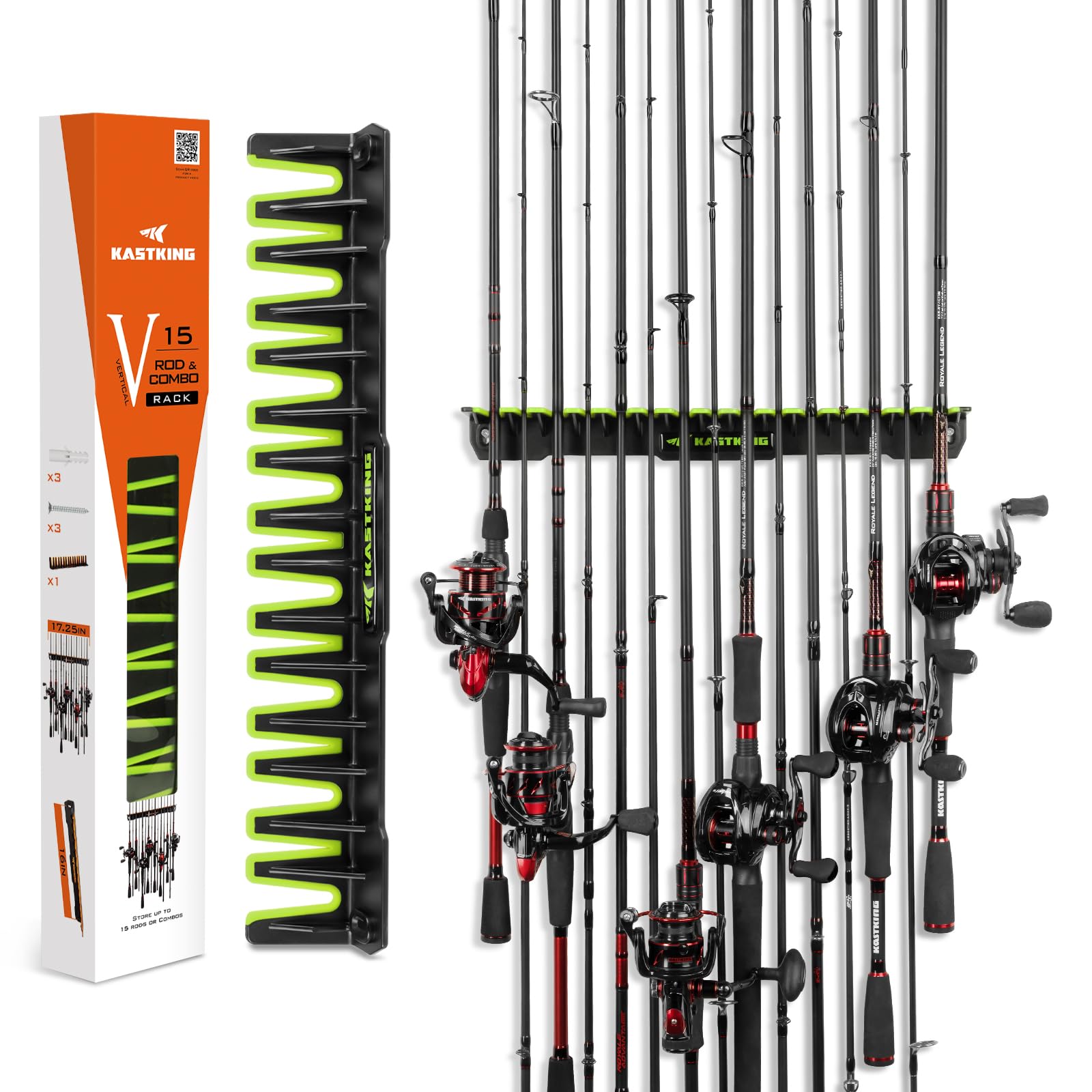 KastKing V15 Vertical Fishing Rod Holder – Wall Mounted Rod Rack for 15 Fishing Rods & Combos (17.25 Inch Storage) | Durable Pole Organizer for Garage, Boat, or Home Fishing Gear Storage