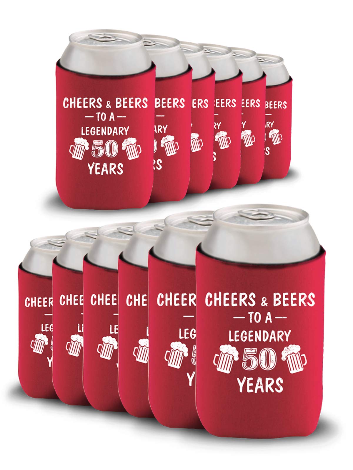 50th Birthday Party Can Coolers - Set of 12 Red Insulated Beer Bottle Holders for 50th Birthday Celebrations, Gifts & Outdoor Events - Cheers to 50 Years!