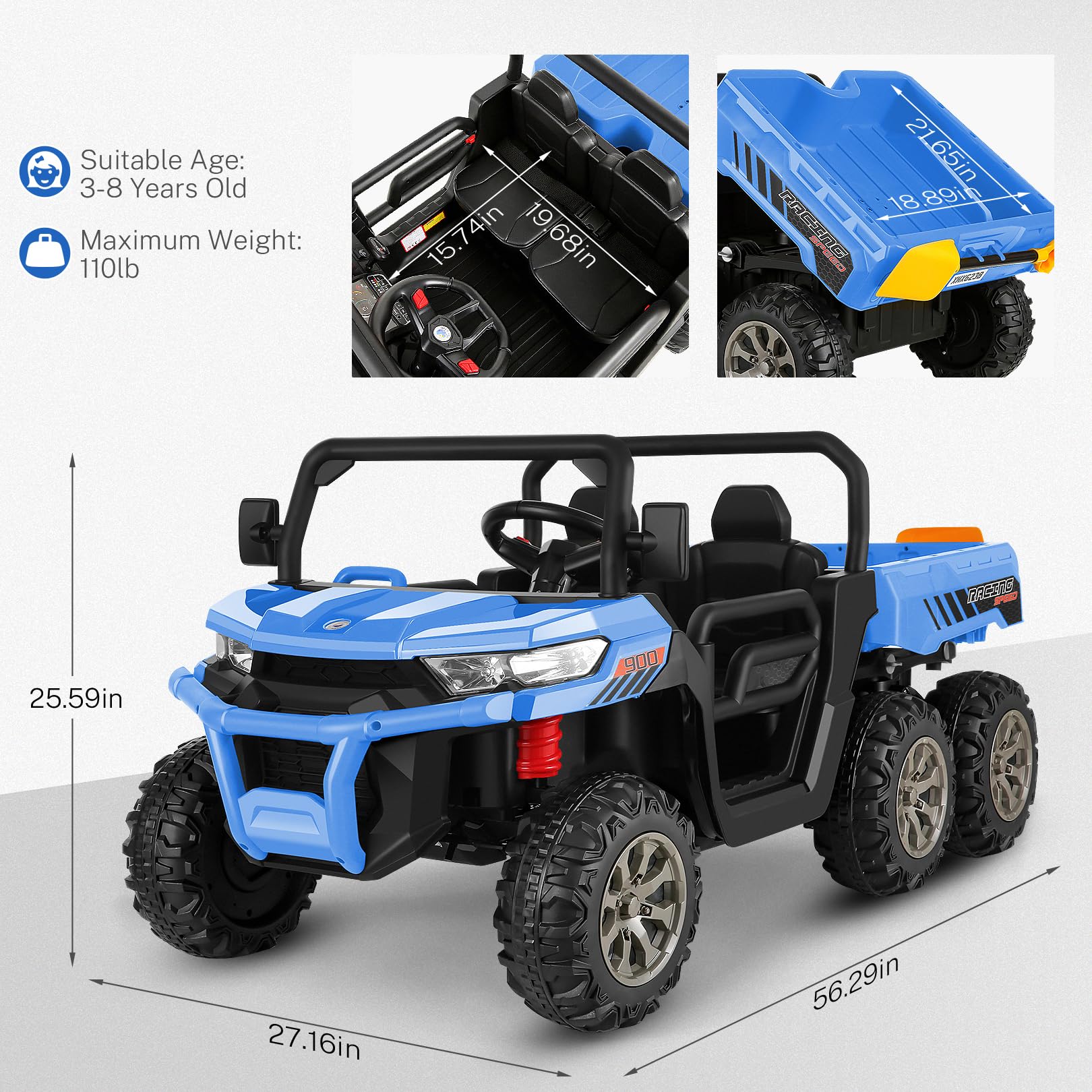 Hikole 24V Kids Ride On Dump Truck - 6-Wheel 2-Seater Electric UTV with Parent Remote Control, LED Lights & Music | 3-Speed Adjustable, Spring Suspension | 24 Volt Battery-Powered Ride-On Toy for Boys & Girls Ages 3-8 | Outdoor Play, Backyard Fun, Birthday Gift Idea (Blue)