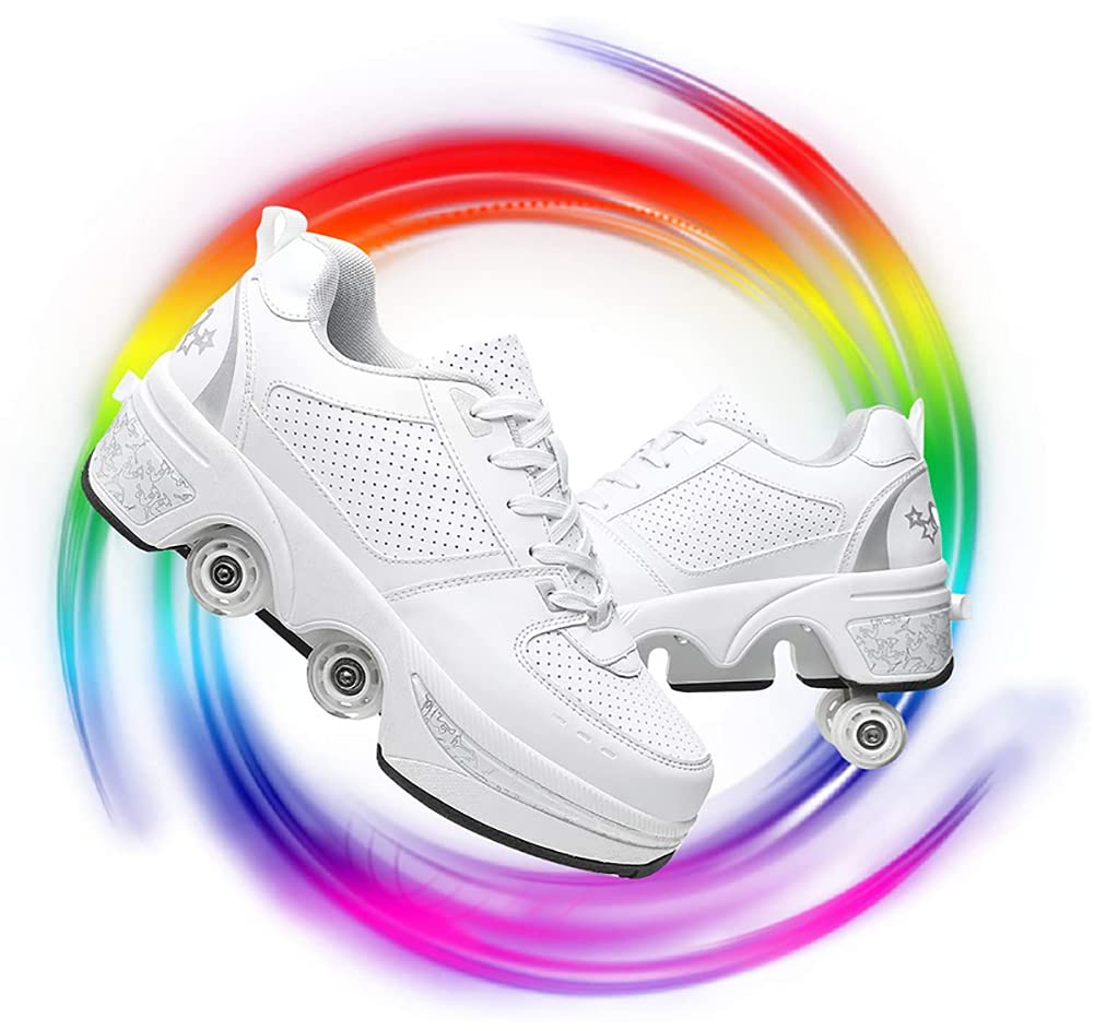 2-in-1 Removable Wheel Roller Shoes for Adults & Kids - Automatic Walking & Skating Shoes with Double Deform Wheels - Perfect for Commuting, Fitness & Outdoor Fun