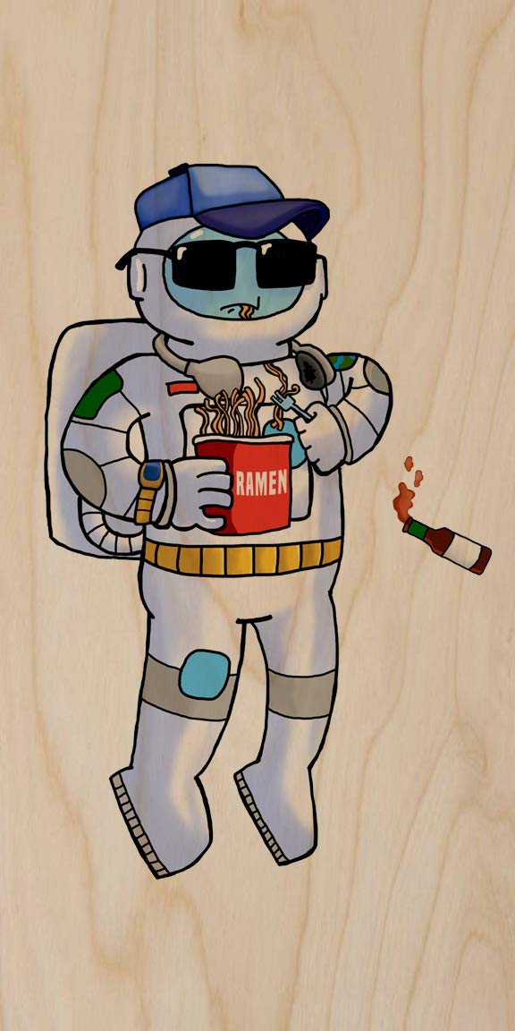 Floating Astronaut Eating Ramen Wood Print Poster - Plywood Wall Art Decor for Living Room, Bedroom & Office Space