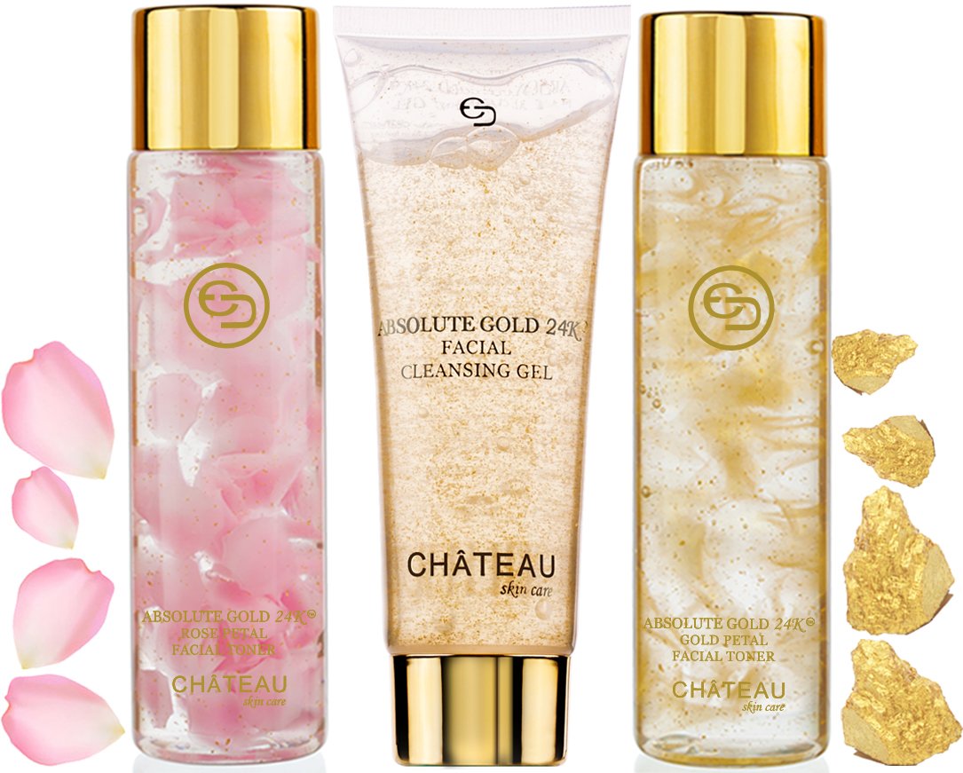 24K Gold Rose Petal Facial Toner & Cleansing Gel Set (3-Pack) with Collagen - Hydrating & Anti-Aging for All Skin Types | Daily Skincare Routine & Spa Treatment