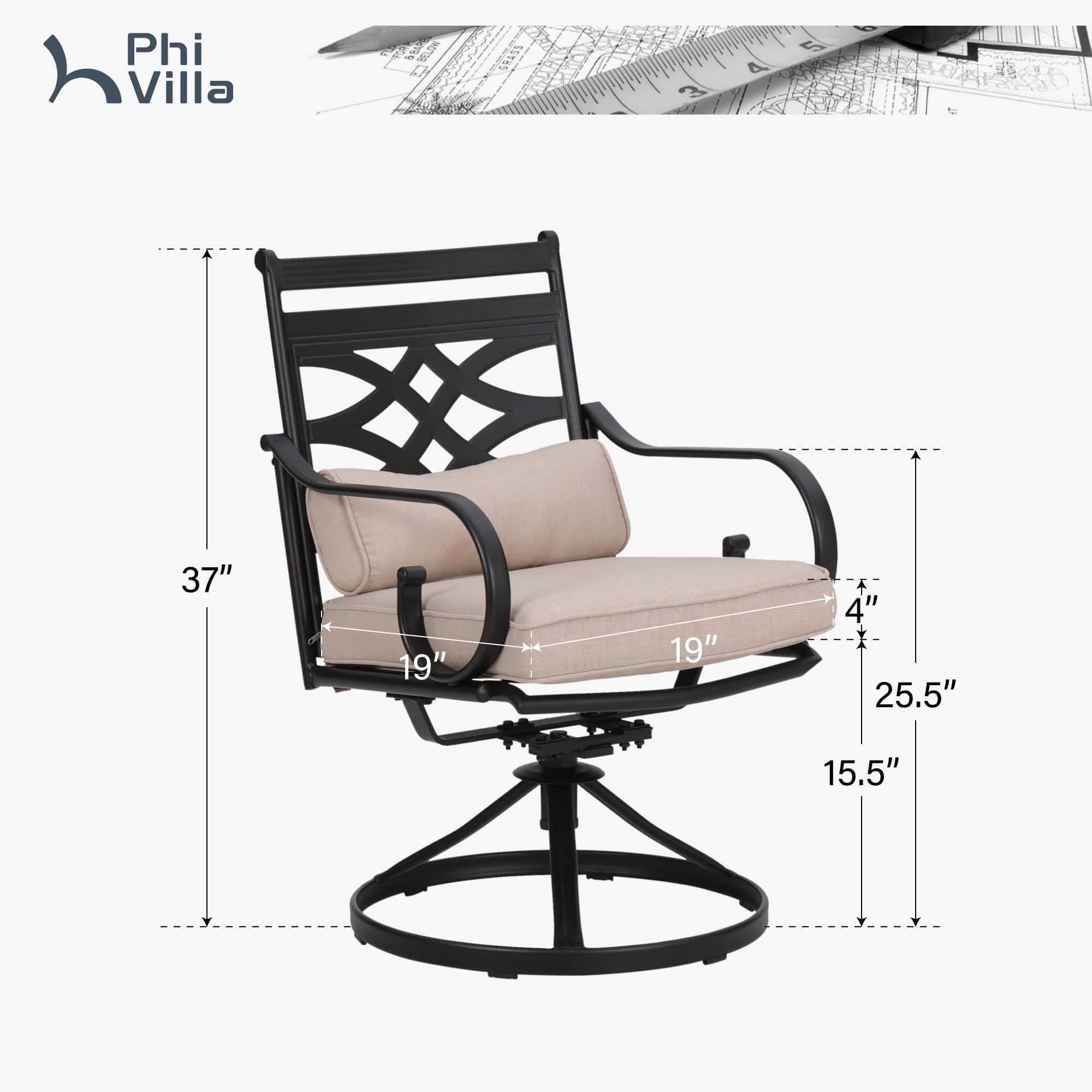PHI VILLA 2-Piece Patio Dining Chairs Set - Outdoor Swivel Chairs with Cushion & Pillow - Weather-Resistant Garden, Lawn, Deck Furniture for Backyard, Poolside & Outdoor Entertaining