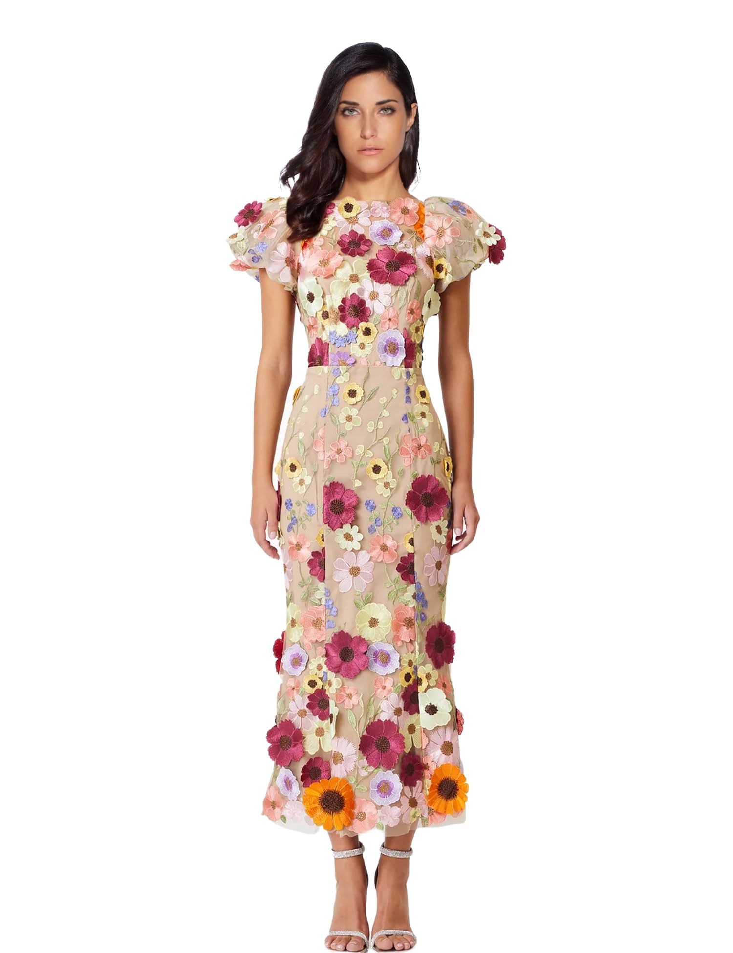 Elegant Floral Embroidery Maxi Dress for Women - High Neck Lace Bodycon Evening Gown with Puff Sleeves | Perfect for Wedding Guest, Cocktail Party, Date Night & Special Occasions