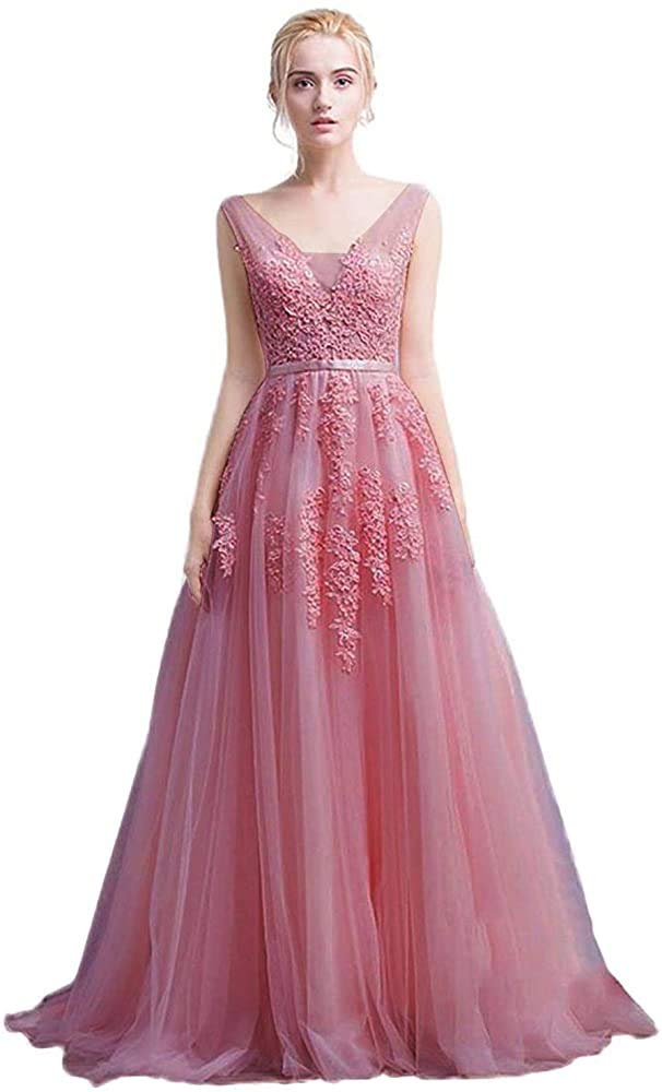 Sexy Evening Dresses for Bride 2023 | Double V-Neck Tulle Appliques Long Cocktail Gowns | Wedding Party, Prom Night, Formal Occasions