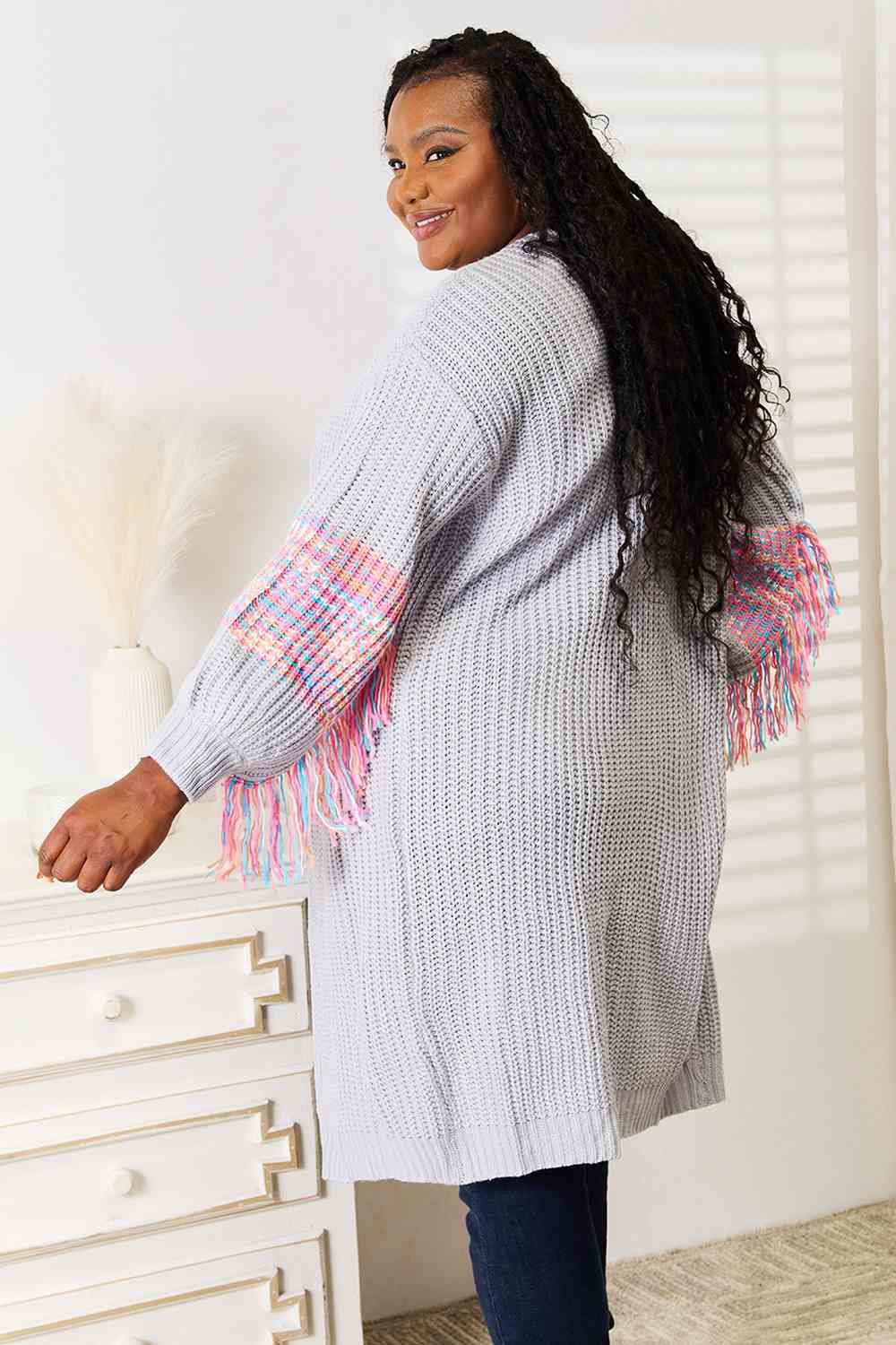 Cloudy Blue Fringe Sleeve Drop Shoulder Cardigan Sweater - Boho Chic Knitwear for Women | Perfect for Fall Layering, Coffee Dates & Casual Outings