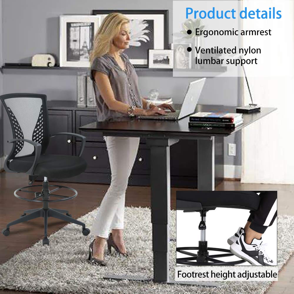 Ergonomic Drafting Chair with Lumbar Support - Adjustable Height Office Chair for Standing Desk, Mesh Back Computer Chair with Footrest & Swivel Base - Perfect for Home Office, Studio Work & Architectural Drafting