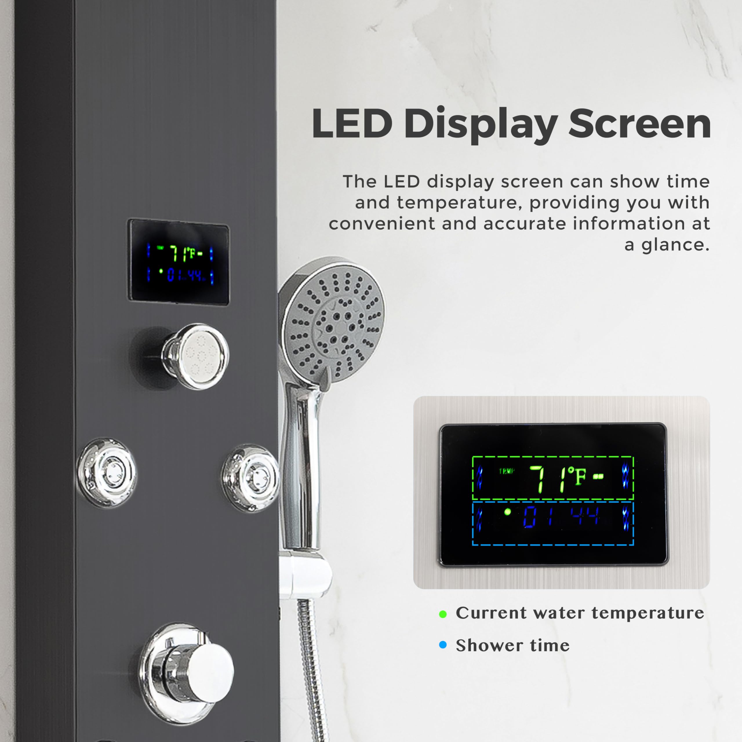 DELAVIN LED Shower Panel - Stainless Steel Shower Tower System with Temperature Display | 5-Function Rainfall, Waterfall, Massage Body Jets, Tub Spout & Handheld Showerhead | Brushed Black Finish for Modern Bathroom Luxury & Spa Experience