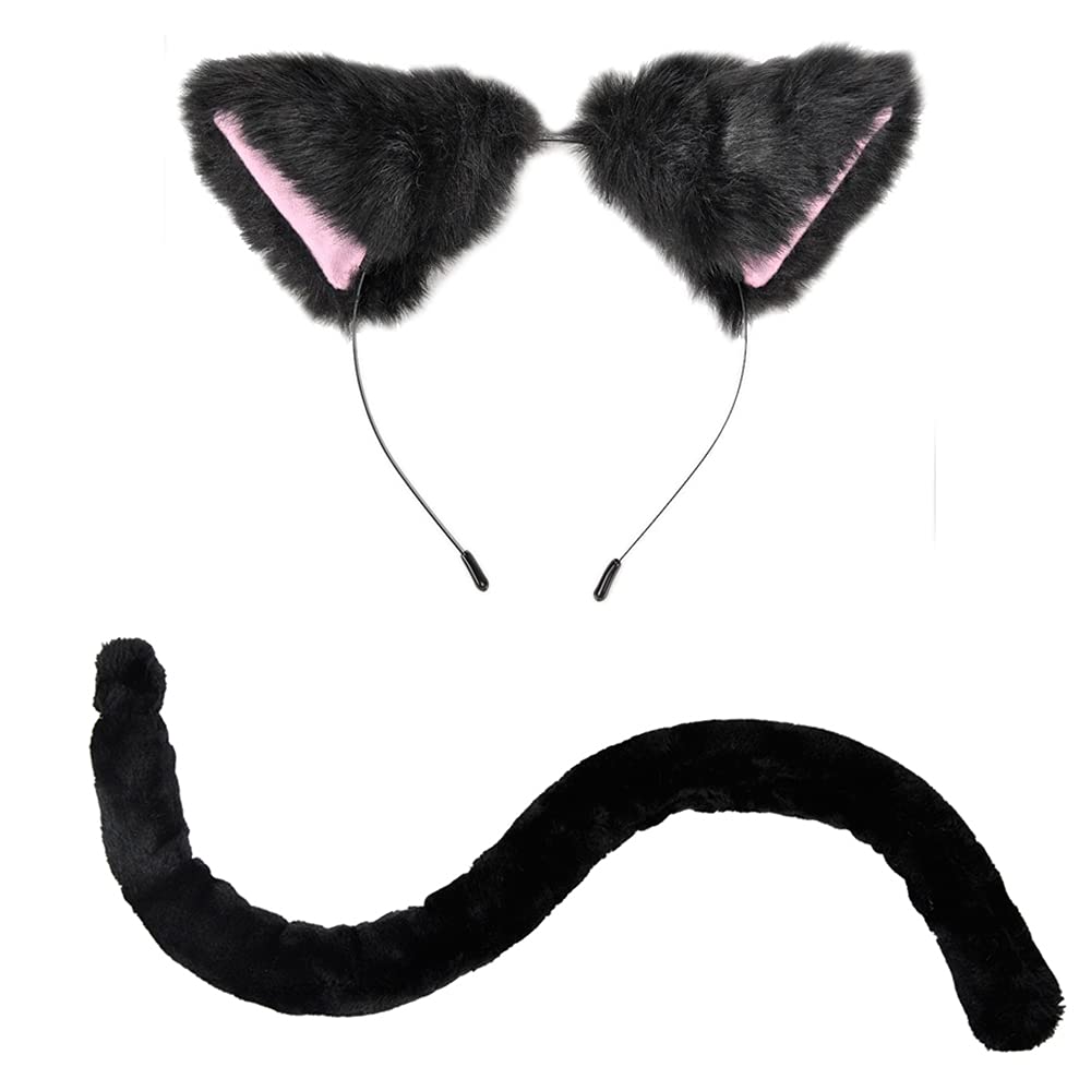 E-TING Black Cat Ears and Tail Set - Cosplay Costume Accessories for Halloween, Anime Conventions & Themed Parties - Adjustable Cat Ear Headband with Matching Fluffy Tail