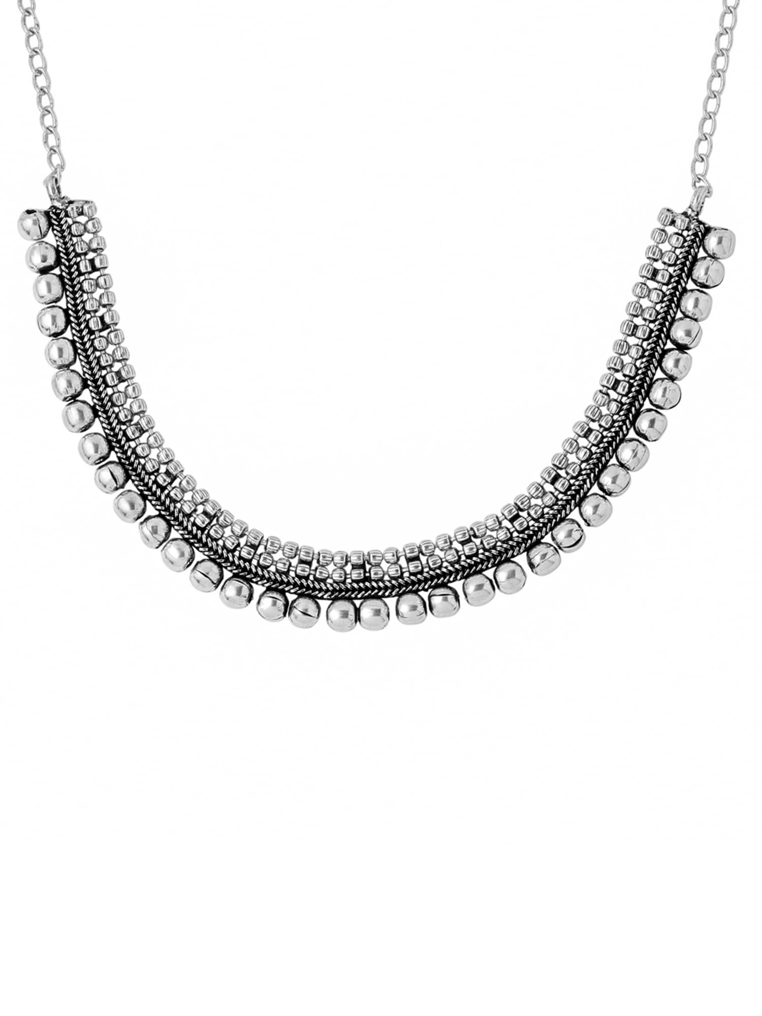 Adjustable Silver Oxidized Beaded Choker Necklace for Women & Girls - Yellow Chimes Pendant, Boho Fashion Jewelry - Perfect for Parties, Weddings & Everyday Wear