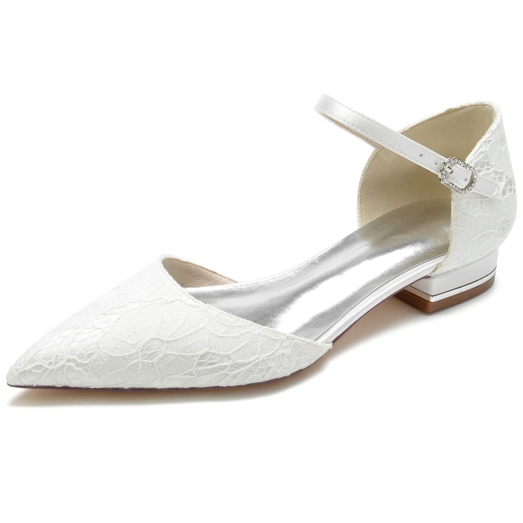 Elegant 2.5cm Women's Pointed Toe Satin Lace Ballet Flats with Ankle Strap Buckle - Comfortable Dressy Flats for Evening, Bridal, Party & Casual Wear - White Size 9.5 US - Perfect for Weddings, Proms, Dances & Office Outfits