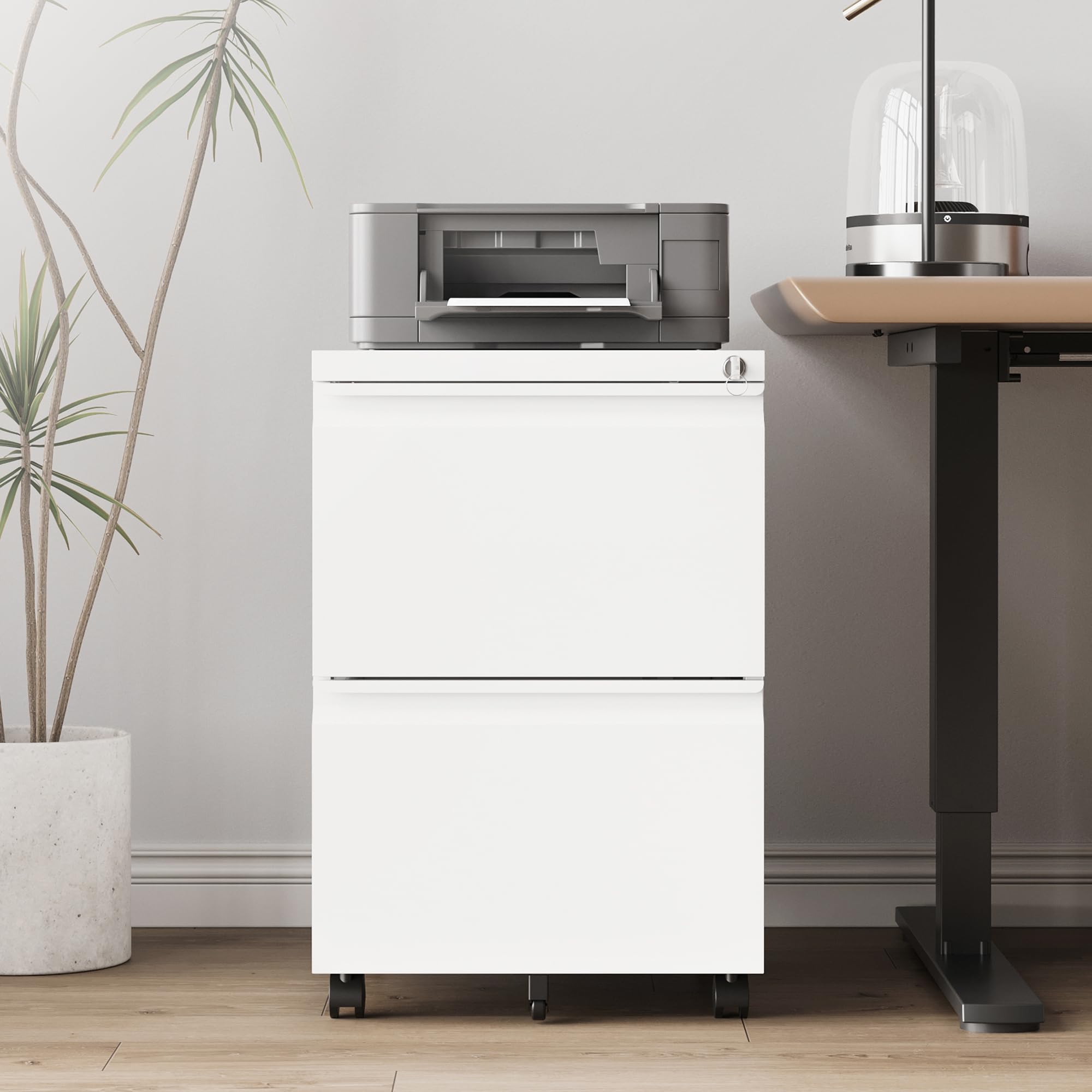 2 Drawer Mobile File Cabinet with Lock & Wheels - Fully Assembled Metal Under Desk Storage for A4/Letter/Legal Size Documents - Perfect for Office, Home & Workspace Organization (White)