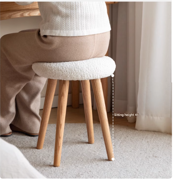 Oak Solid Wood Round Makeup Stool - Durable Vanity Seat with Cushion for Bedroom, Bathroom & Dressing Room - Perfect for Makeup, Hair Styling & Relaxing