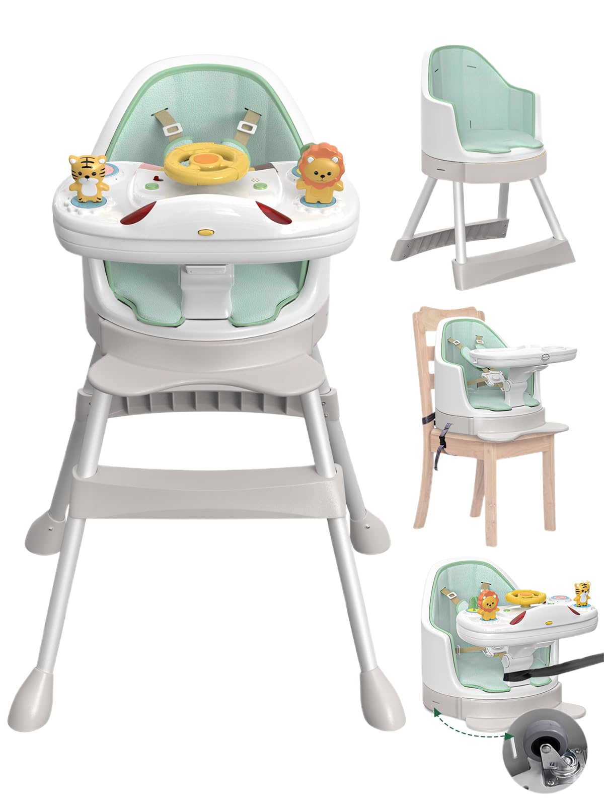 8-in-1 Convertible Baby High Chair with Removable Tray & Buckle Strap | Adjustable Booster Seat for Dining Table | Sensory Exploration with Music & Lights | Mobile Floor Seat with Wheels | Safe for Infants 6-36 Months (Green) | Perfect for Mealtime, Playtime & Learning Activities at Home