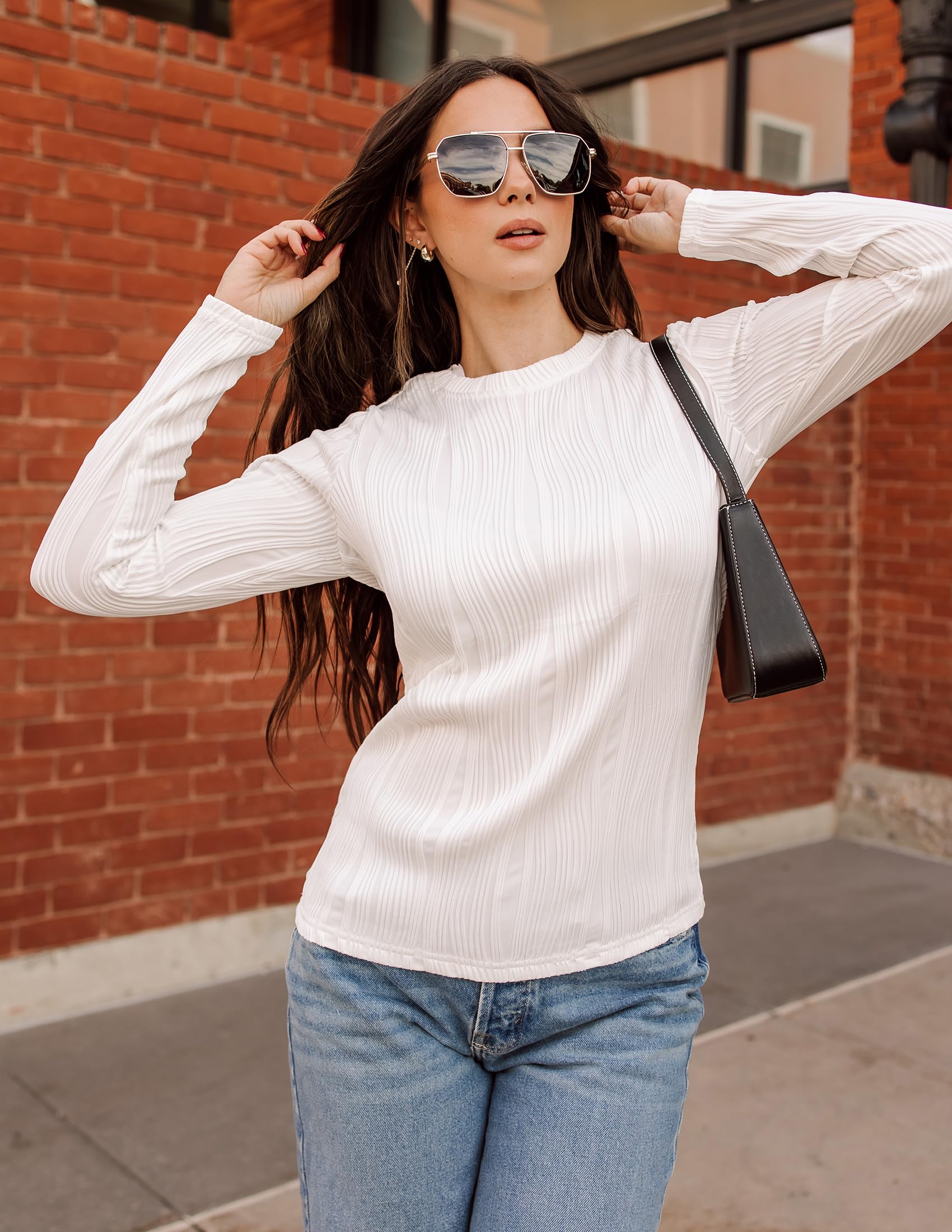 ZESICA Women's Long Sleeve Tops - Fall Fashion Slim Fit Textured T-Shirts for Casual Wear, Work & Layering
