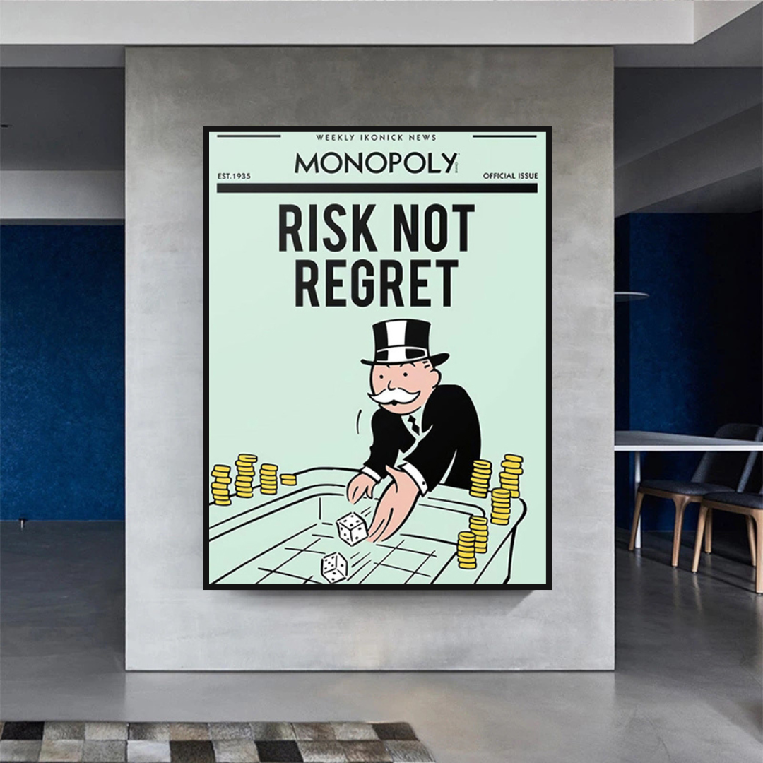 Alec Monopoly Risk Not Regret Playing Cards Canvas Wall Art - Pop Culture Home Decor for Living Room, Game Room & Office