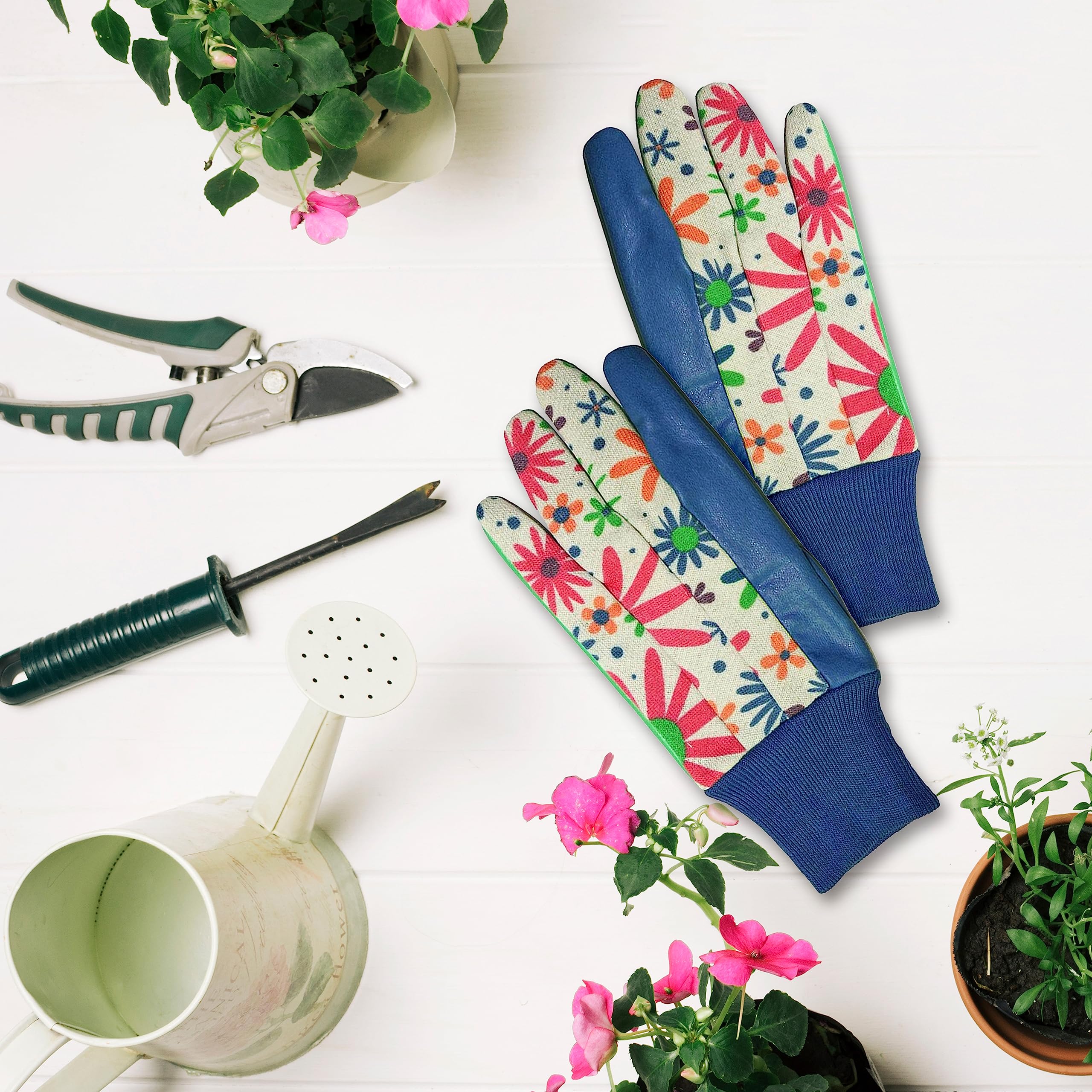 Floral Gardening Gloves for Women - 6 Pairs Cotton Work Gloves with Knit Wrist, 9 Inch - Perfect for Planting, Weeding & Outdoor Yard Work - Great Gardening Gifts for Mom, Wife & Her