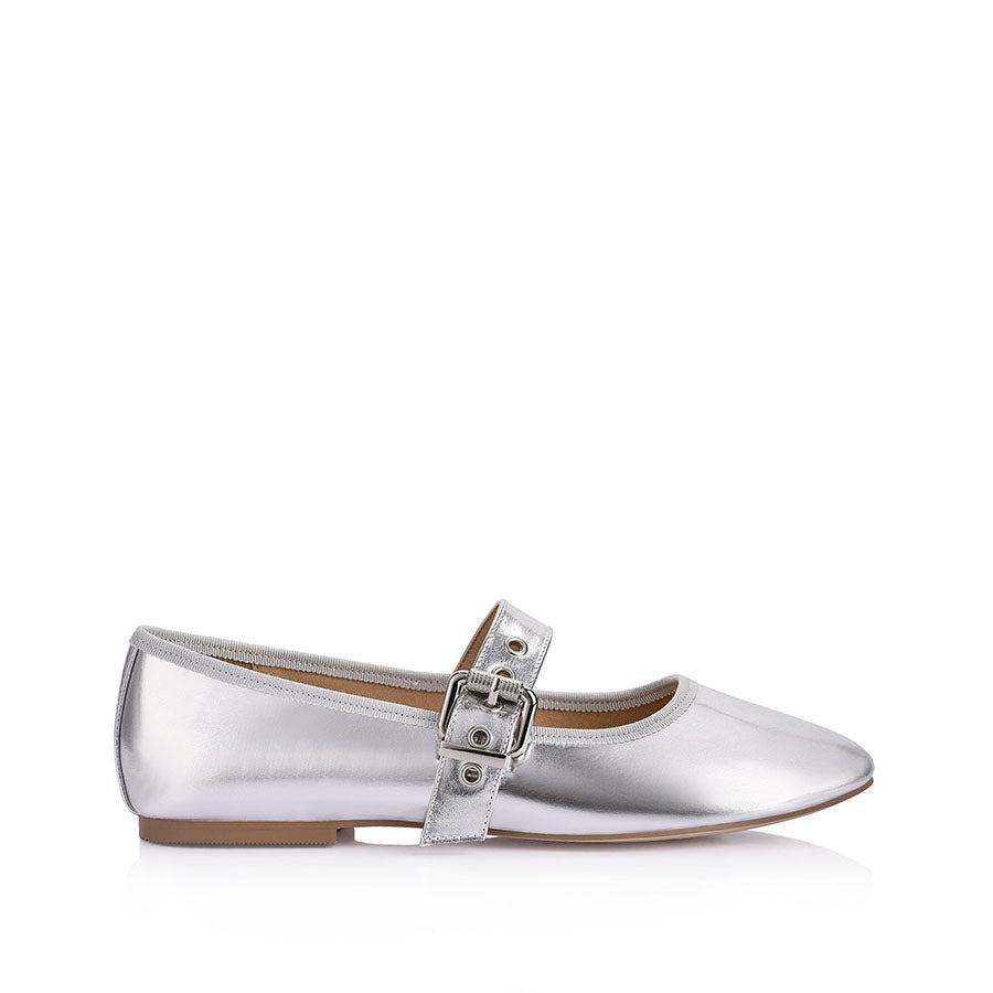Banks Buckled Mary Jane Flats for Women - Comfortable Silver Ballet Shoes for Work, School & Casual Wear