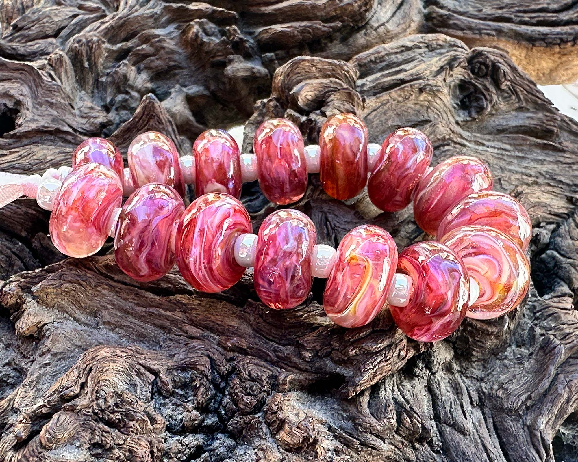 15pcs Sunset Pink Shimmer Lampwork Glass Beads for Jewelry Making - DIY Bracelets, Necklaces, Earrings - Perfect for Boho & Handmade Crafts