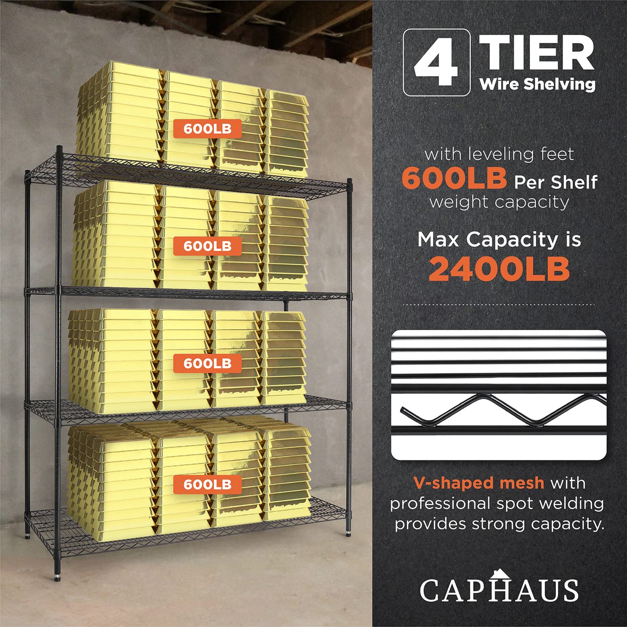 CAPHAUS 4-Tier Heavy Duty Adjustable Wire Shelving with Wheels & Leveling Feet - 60