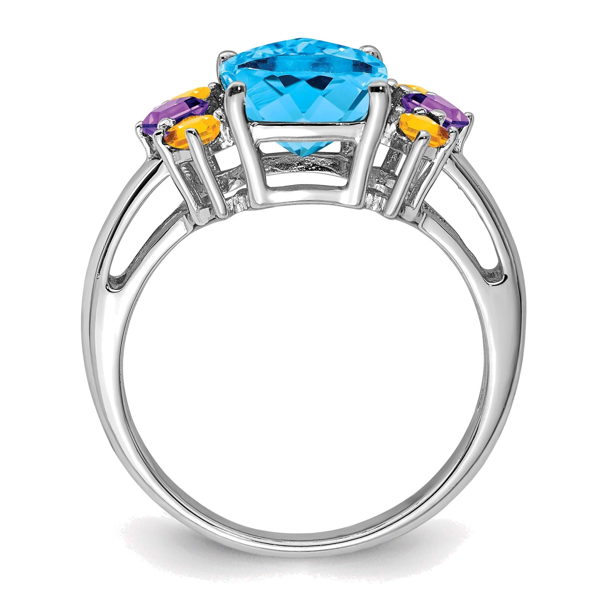Sterling Silver Rhodium Ring with Swiss Blue, Amethyst & Citrine - Size 7 for Women's Fashion Jewelry
