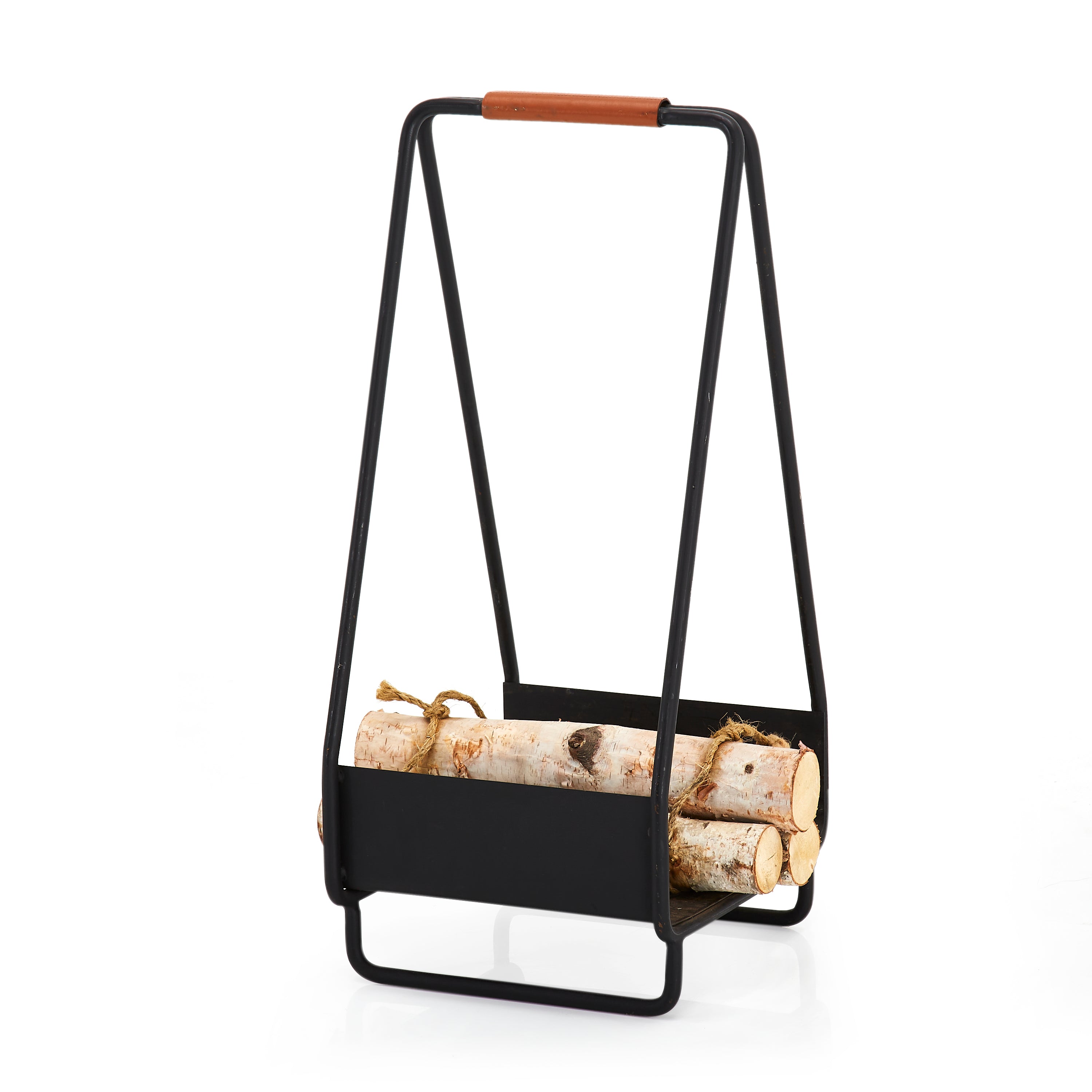 Premium Black Firewood Holder with Leather Handle - Rustic Log Rack for Fireplace, Camping & Outdoor Use - Durable & Stylish Storage Solution