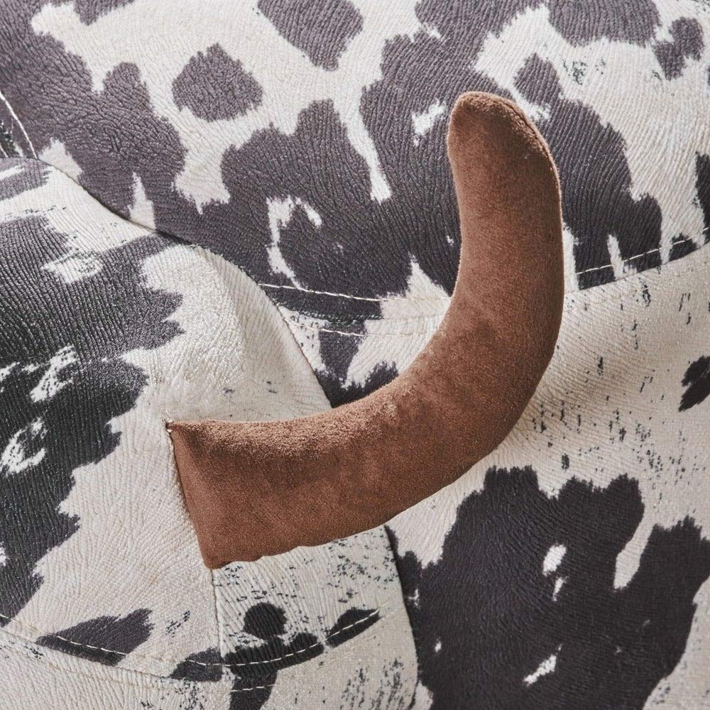 Whimsical Creative Kids Rustic White Black Cow Ottoman - Farmhouse Durable Wood Frame Velvet Foot Stool with Animal Theme - 16.75