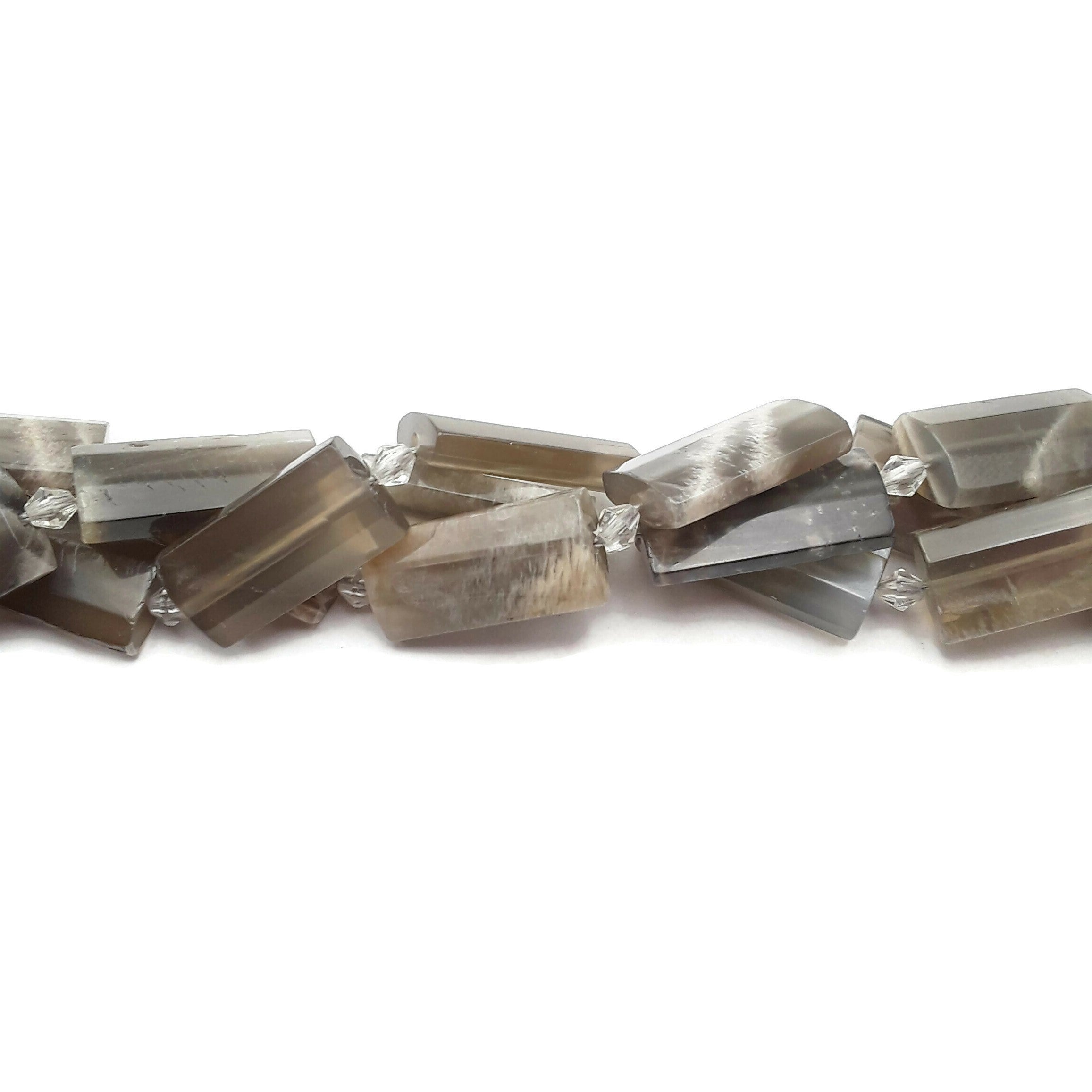 Gray Moonstone Faceted Flat Rectangle Cylinder Tube Beads 14x28mm - 15.5 Inch Strand for Jewelry Making, DIY Bracelets & Necklaces - Perfect for Boho, Handmade & Healing Crystal Designs