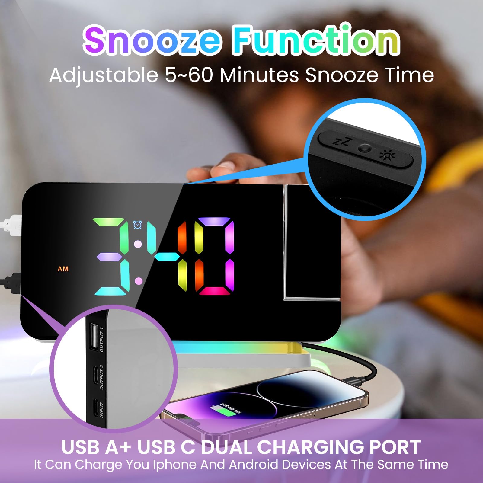 Digital Projection Alarm Clock with LED Mirror Display - 180° Rotatable Projector, RGB Night Light, USB Charger, Auto Dimmer & Snooze Function | Perfect for Bedrooms, Home Office & Travel (White)