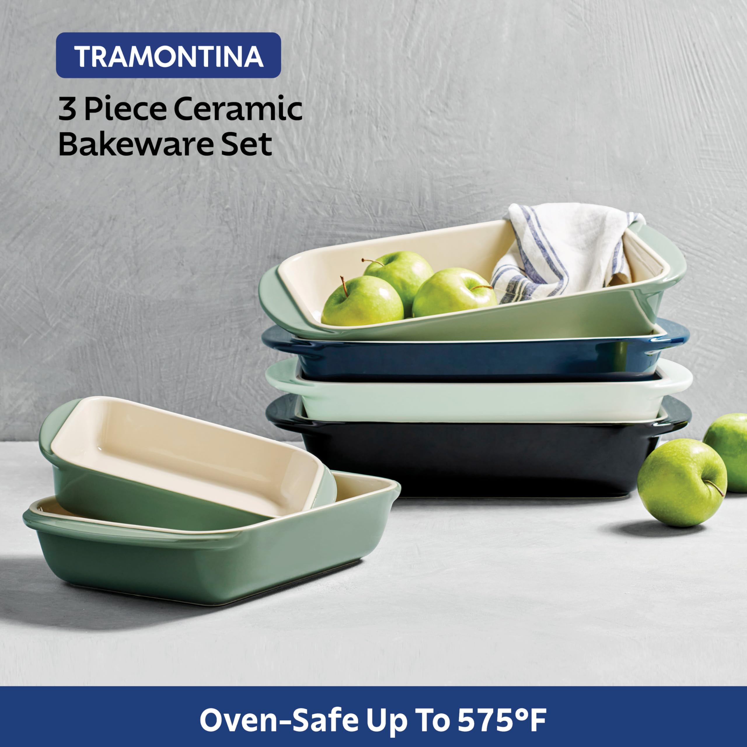 Tramontina Mae 3-Piece Ceramic Non-Stick Baking Pan Set - Oven Safe Rectangular Casserole Dish for Lasagna, Cakes, Bread Loaves | Perfect for Holiday Baking, Family Dinners & Meal Prep (Black)