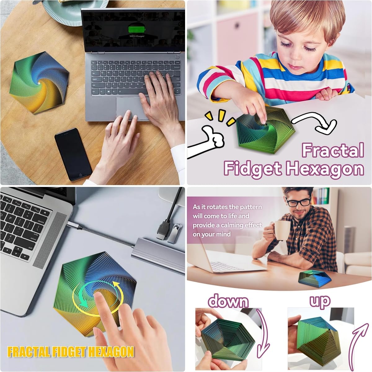 3D Printed Hexagon Fidget Spiral Toy - Anti-Anxiety Stress Relief Pocket Sensory Toy for Adults & Kids - Yellow Green Blue Color - Perfect for Office, Travel & ADHD Focus Aid