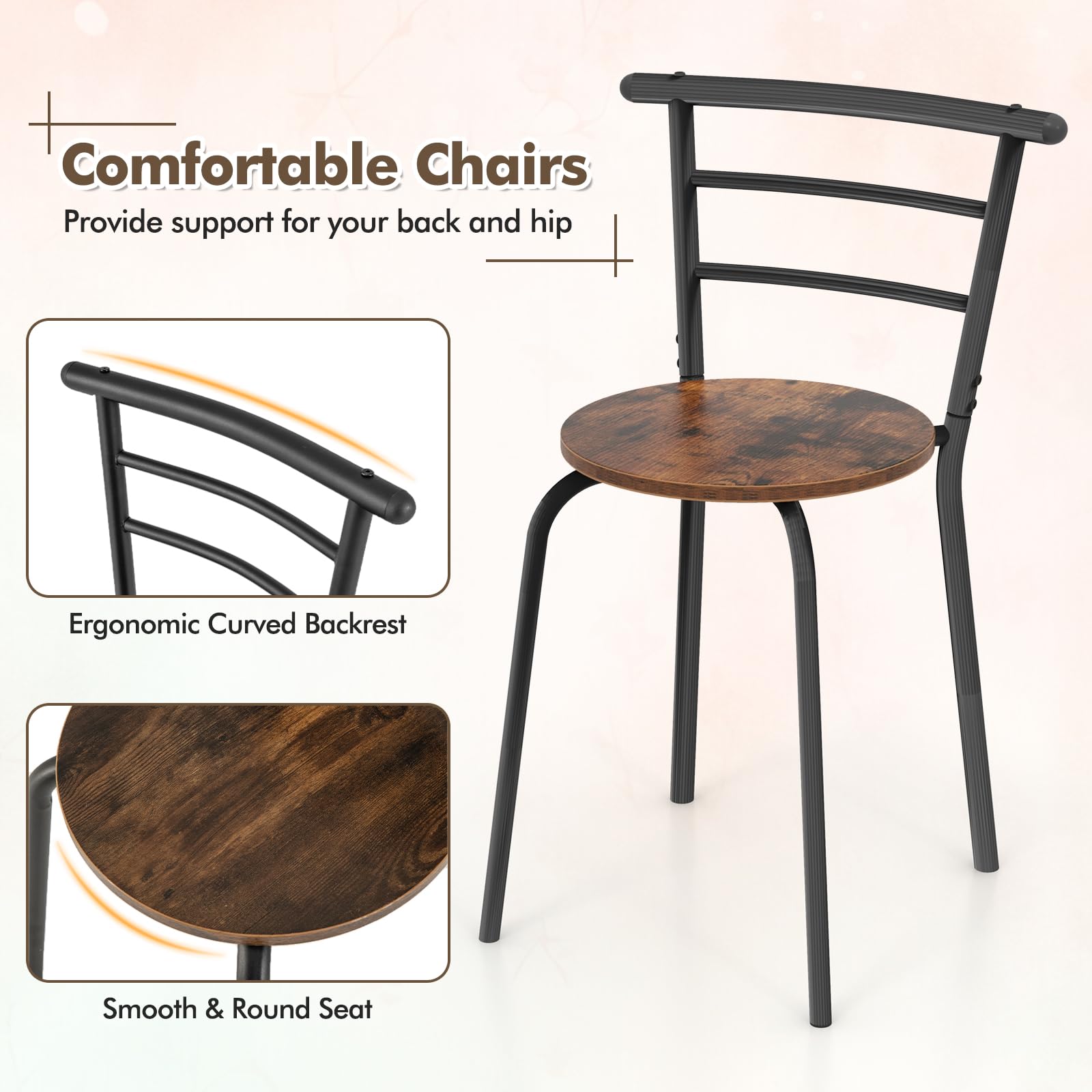 Giantex 3-Piece Space Saving Dining Set - Compact Bistro Table with 2 Chairs, Metal Frame & Storage Shelf - Perfect for Small Apartments, Kitchen, Breakfast Nook & Pub Style Decor (Black & Brown) - Ideal for Studio Living, Balcony Dining & Urban Homes