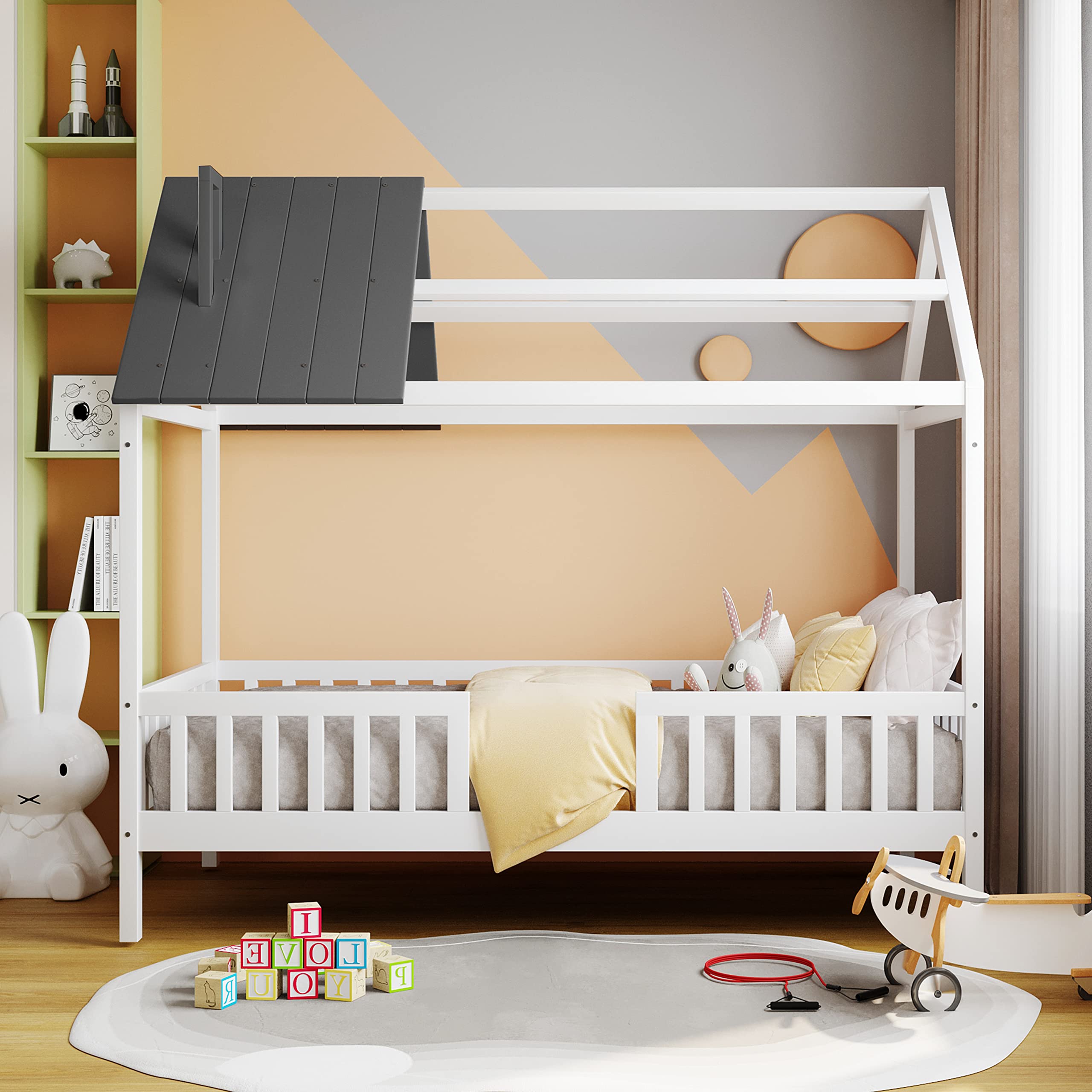 **Danxee Twin Size Wooden Tent Bed with Roof & Chimney Design - Toddler House Bed with Safety Fence - Sturdy Wood Loft Bed Frame for Kids Bedroom - White & Gray - Perfect for Playtime & Sleepovers**