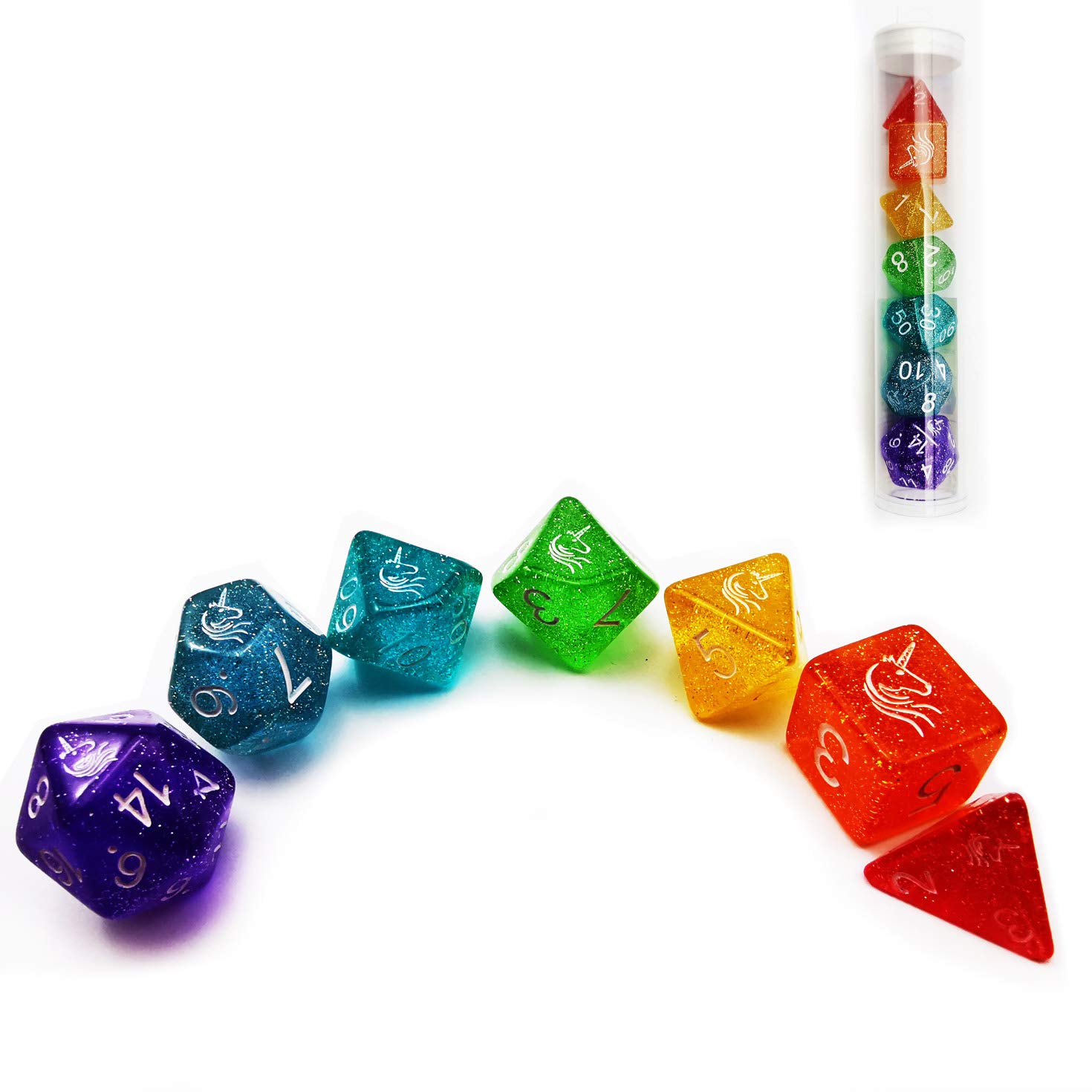 Bescon Colorful Unicorns Rainbow Sparkled Polyhedral D&D Dice Set - 7pcs RPG Dice for Dungeons & Dragons, Pathfinder & Tabletop Role Playing Games - Perfect for Gifts, Game Nights & Fantasy Adventures
