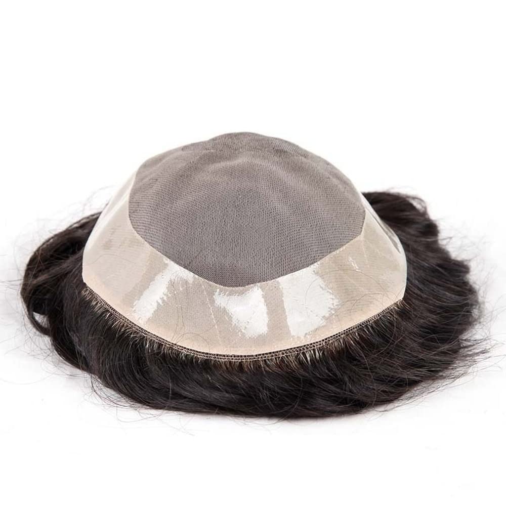 Premium Mono Silk Base NPU Around Remy Human Hair Wig for Men - 1B Natural Black Straight Hair (6x8 Inch) | Toupee Hair Replacement & Hair Systems for Thinning Hair | Perfect for Daily Wear, Cosplay & Special Occasions