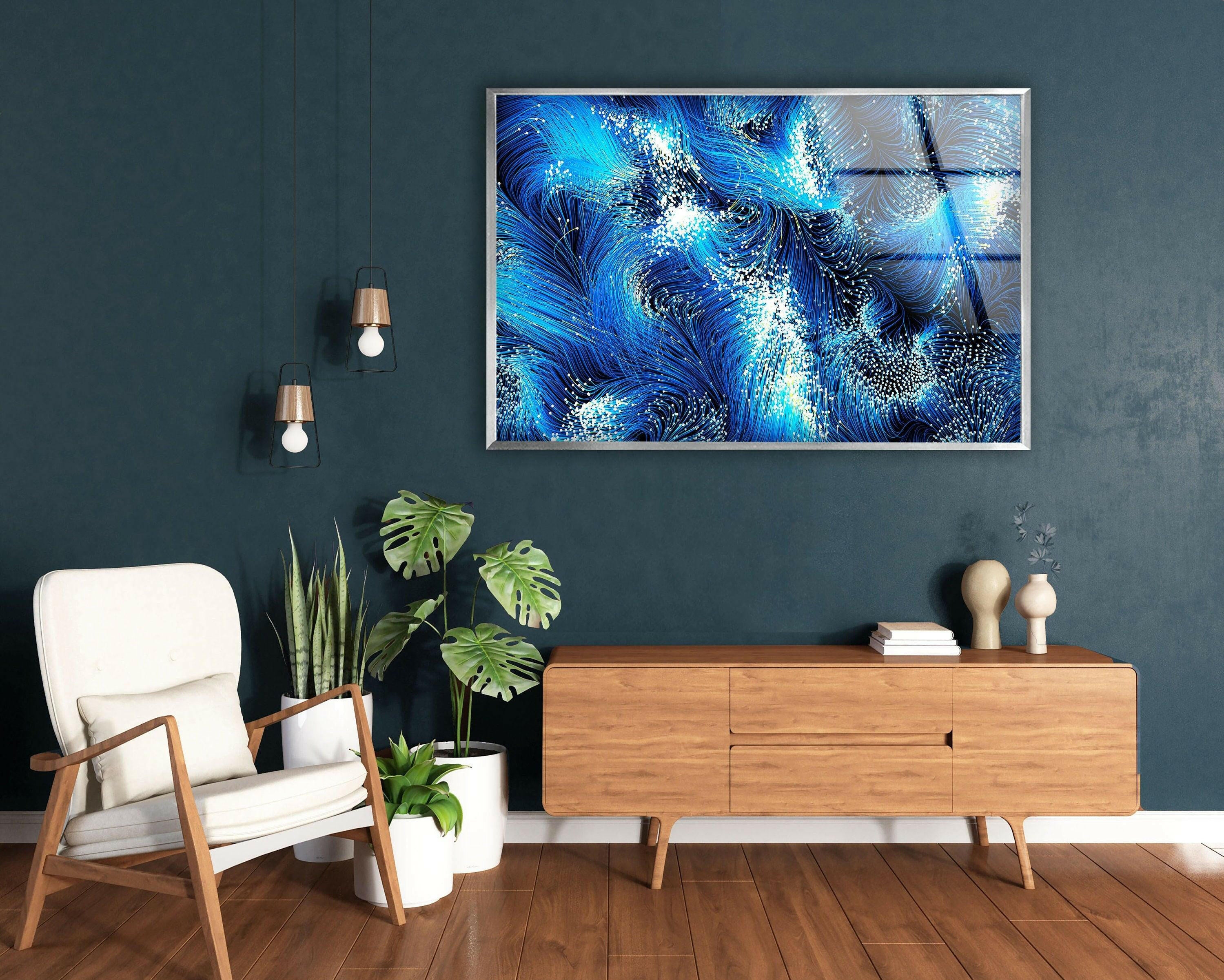 Blue Black Swirl Glass Wall Art - Handmade Modern Abstract Decor for Living Room, Bedroom & Office | Shatter-Resistant Hanging Art Piece