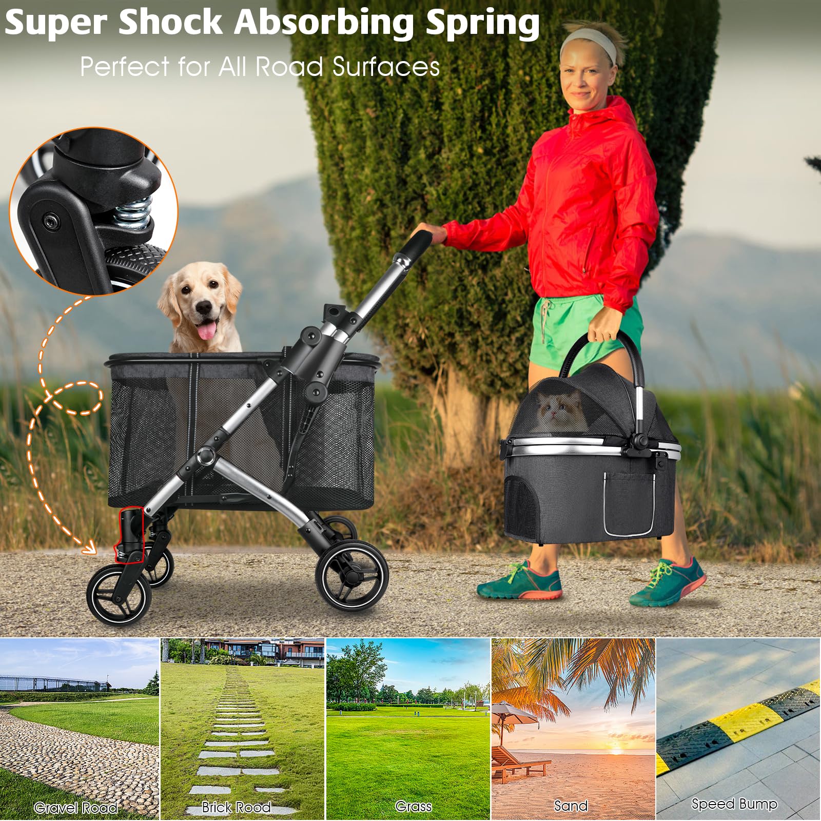 Premium Double Pet Stroller for 2 Dogs or Cats - One-Hand Foldable Design with Detachable Carrier, Safety Belt & Lockable Wheels - Heavy Duty Stroller for Small/Medium Pets up to 52LBS (Gray) - Perfect for Park Walks, Vet Visits & Travel Adventures