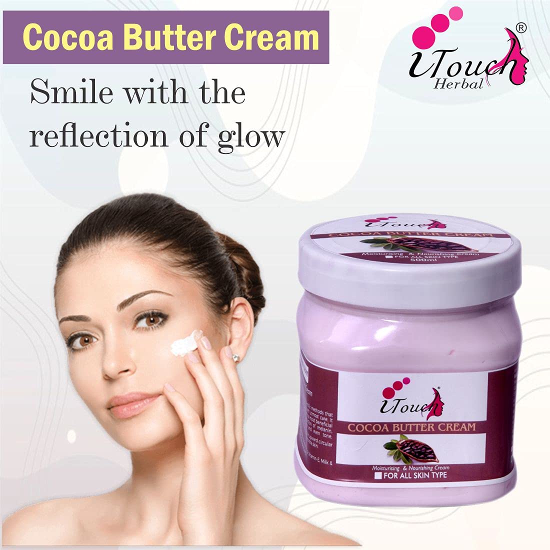 I TOUCH HERBAL Cocoa Butter Cream for Face & Body - Deep Moisturizing, Whitening & Brightening Skin Care - Softening & Nourishing Cream (500ml) - Perfect for Dry Skin, Stretch Marks & Nighttime Hydration