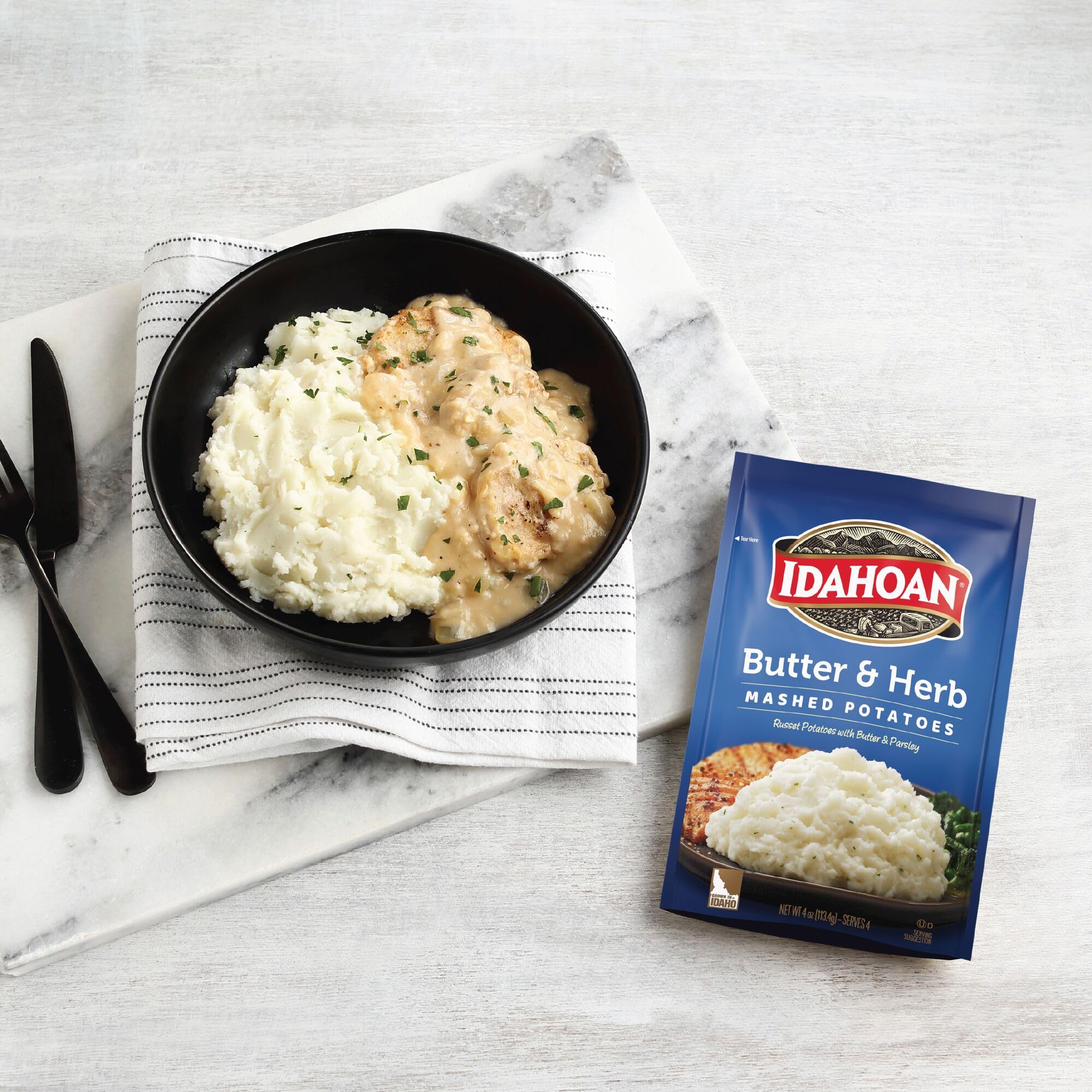 Idahoan Butter & Herb Mashed Potatoes - Family Size 8 oz (Pack of 8) | Instant Mashed Potato Mix for Quick Meals, Holiday Dinners & Camping Trips
