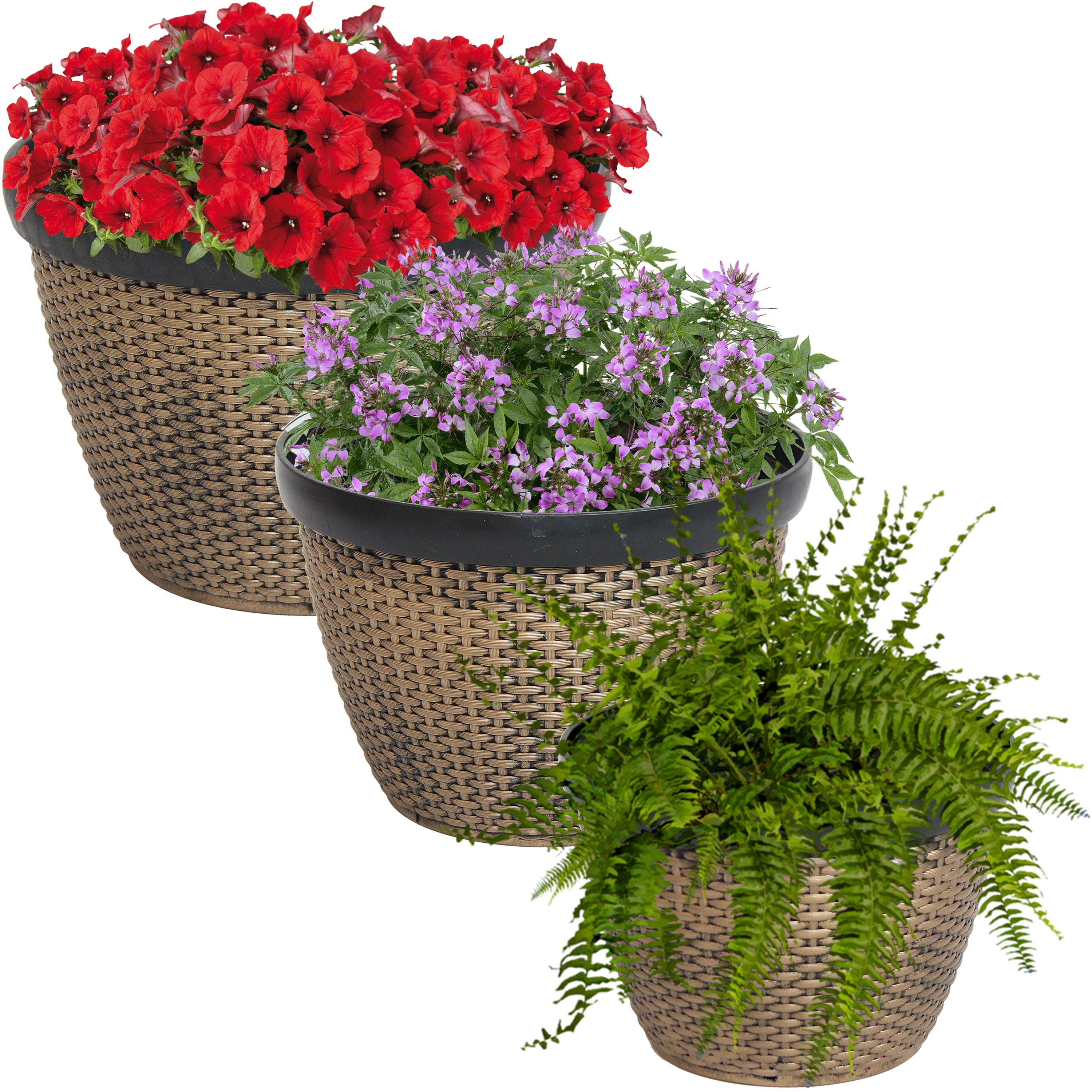 Sunnydaze Resin Faux Basketweave Outdoor Planters - Set of 3 for Patio, Garden, and Porch Decor