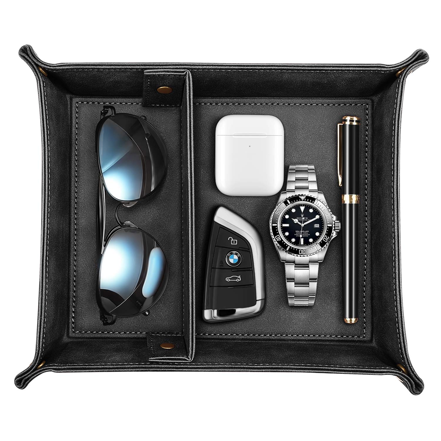 SITHON Valet Tray - 2 Compartment Desktop Organizer for Keys, Jewelry & Essentials | Removable Catchall Tray for Nightstand, Vanity & Office | Black Storage Plate for Bedside, Dresser & Desk Organization
