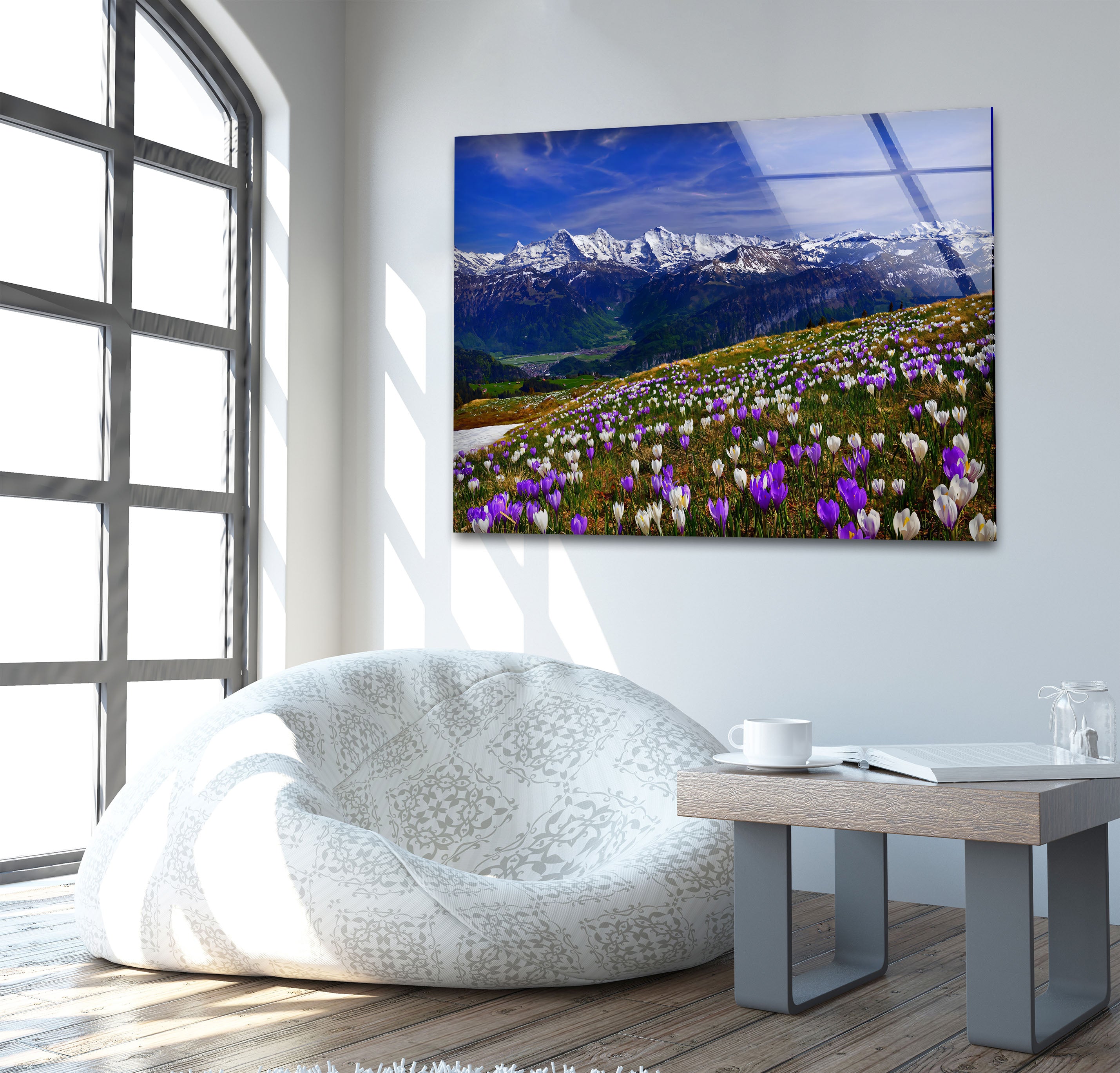 Alpine Meadow Glass Wall Art – Majestic Mountain & Blooming Wildflower Landscape Decor for Living Room, Bedroom & Office – Nature Inspired Home Décor