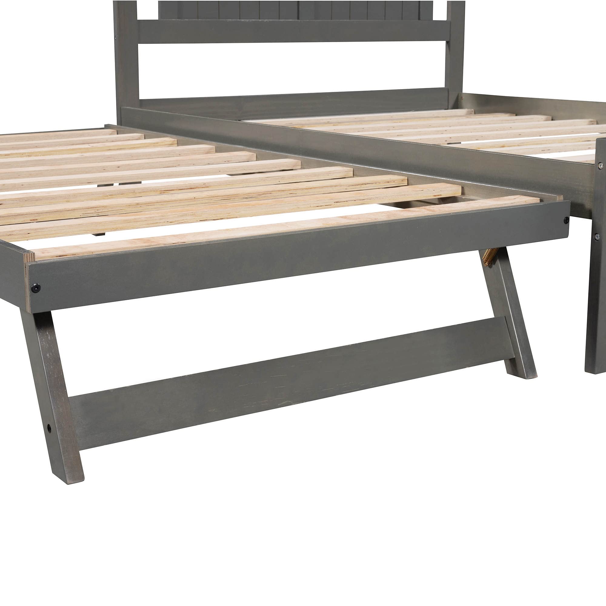 Full Size Wooden Platform Bed Frame with Adjustable Trundle & Headboard - Easy Assembly Mattress Foundation in Gray - Perfect for Guest Rooms, Kids' Rooms & Small Spaces