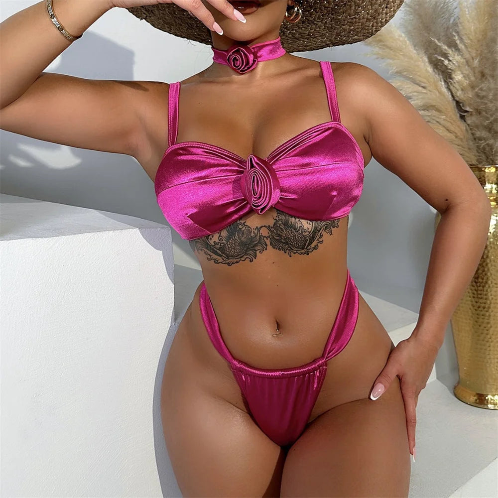 3D Flower Print Bikini Set for Women - Brazilian Two-Piece Swimwear with Necklace, Sexy Bathing Suit for Beach & Pool (2025 Summer Collection)