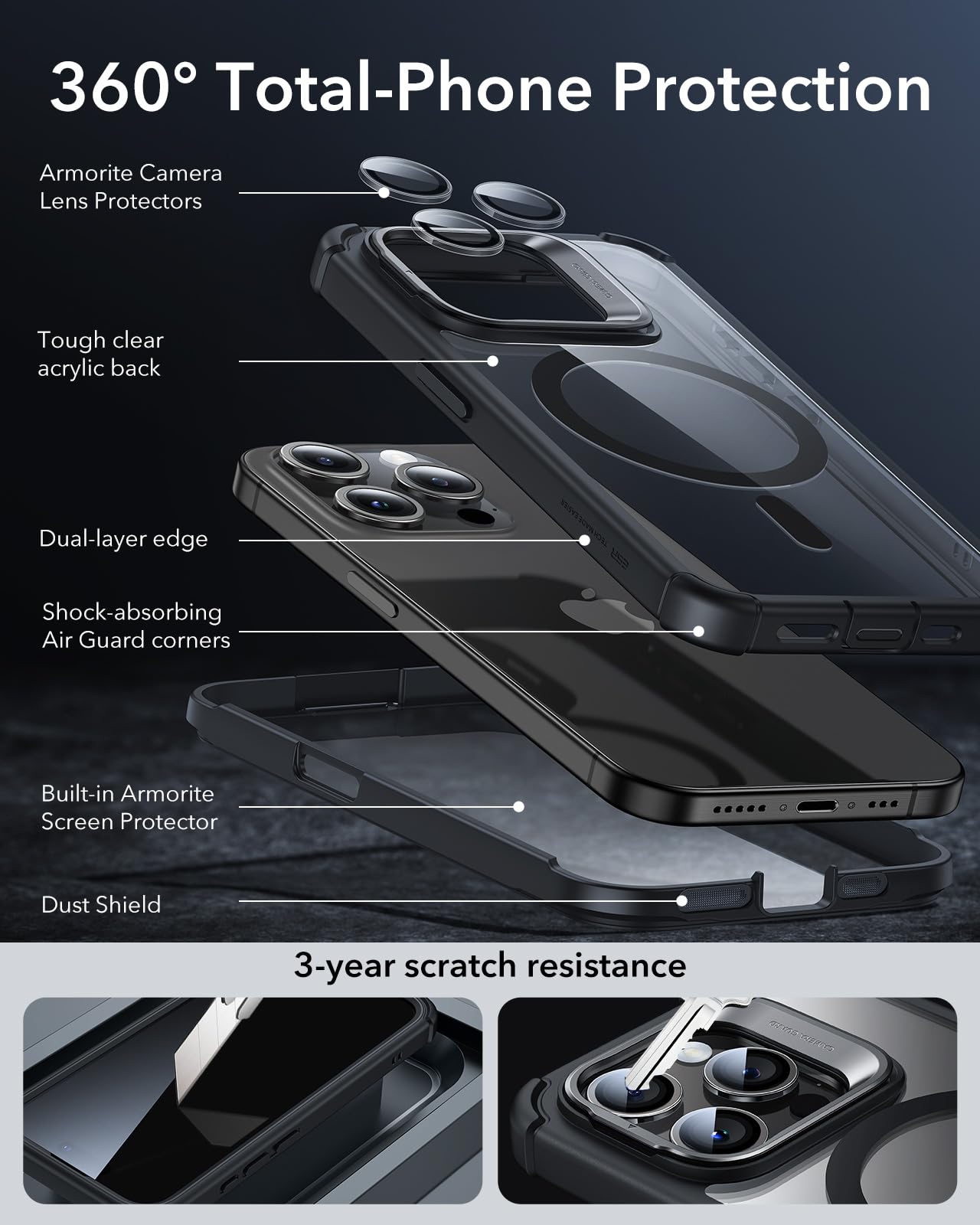 ESR Armor Series Magnetic Shockproof Case for iPhone 15 Pro - Full Body Protection with Built-in Stash Stand & Lens Protectors | Magsafe Compatible Clear Black Phone Cover for Work, Travel & Outdoor Activities