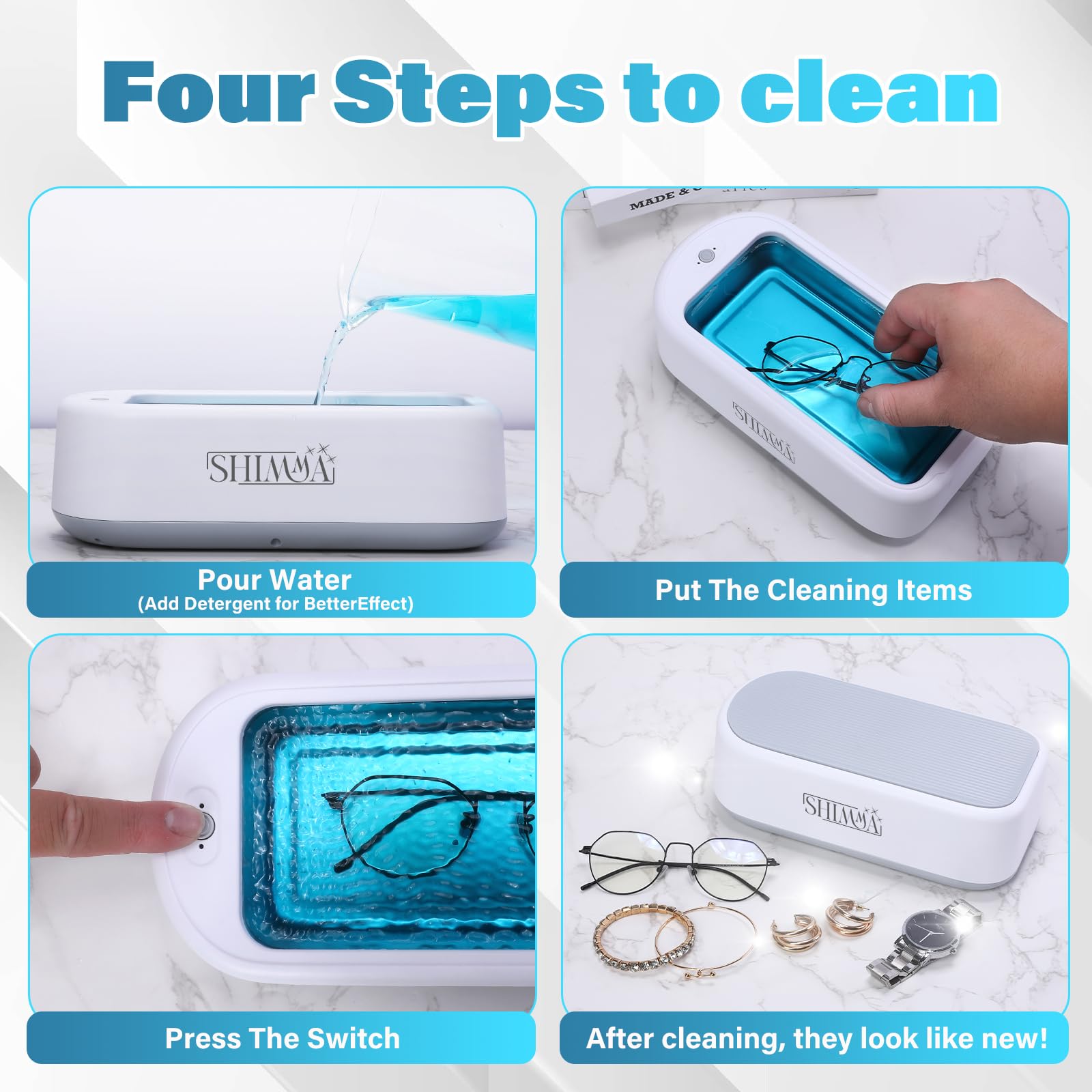 Shimma Ultrasonic Jewelry Cleaner Machine - Professional Ring Cleaner with 2 Timer Modes - Safe for Gold, Silver & Diamond Jewelry - 700ml Large Capacity & Portable Design - Perfect for Home, Travel & Jewelry Store Use