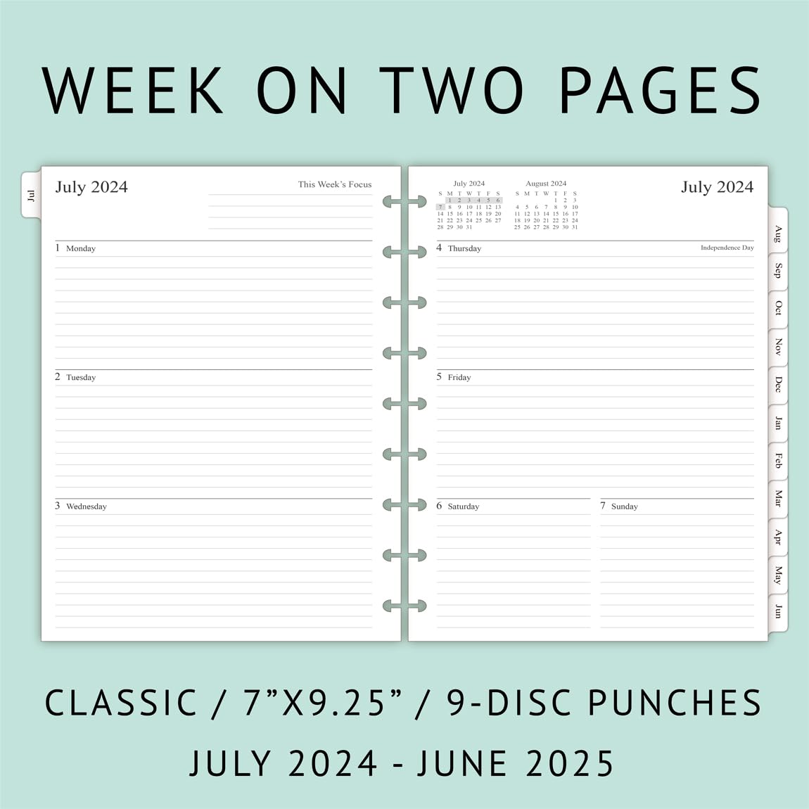 Newestor 2024-2025 Weekly Planner Refills for Happy Planner - July 2024 to June 2025 Calendar, 9 Discs Punched, Classic Size 7
