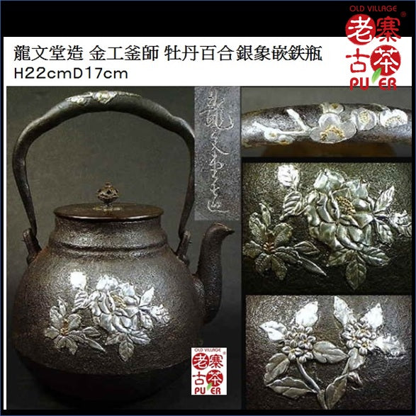 Authentic Japanese Kyoto Tetsubin Iron Teapot - Rynbundo Dragon Design with Peony & Lily Patterns | Traditional Cast Iron Tea Kettle for Matcha, Sencha & Home Tea Ceremonies